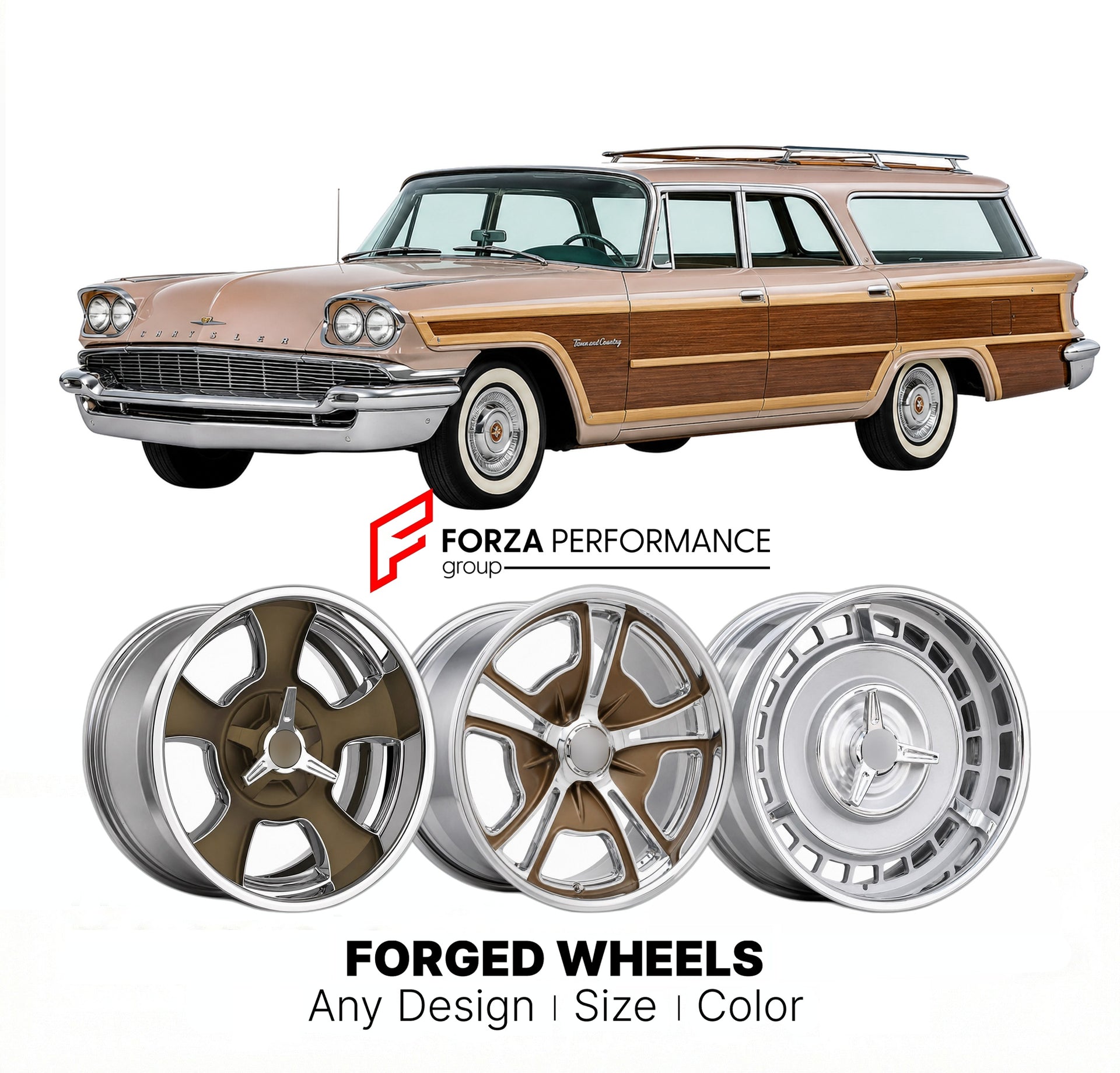 CUSTOM CLASSIC VINTAGE RESTOMOD RETRO OLD SCHOOL FORGED WHEELS RIMS for CHRYSLER TOWN & COUNTRY 1958 - 1988
Custom forged wheels for classic American muscle cars. Ideal for restomod builds, vintage restorations, and show cars. Deep dish and retro styling available.

We manufacture premium quality forged wheels rims for Chrysler Town & Country 1958 - 1988 in any design, size, color.

THIS WHEEL DESIGN CAN BE CUSTOM-MADE FOR YOUR CAR IN ANY SIZE AND COLOR OPTIONS
Available in monoblock, 2-piece, 3-piece, duob