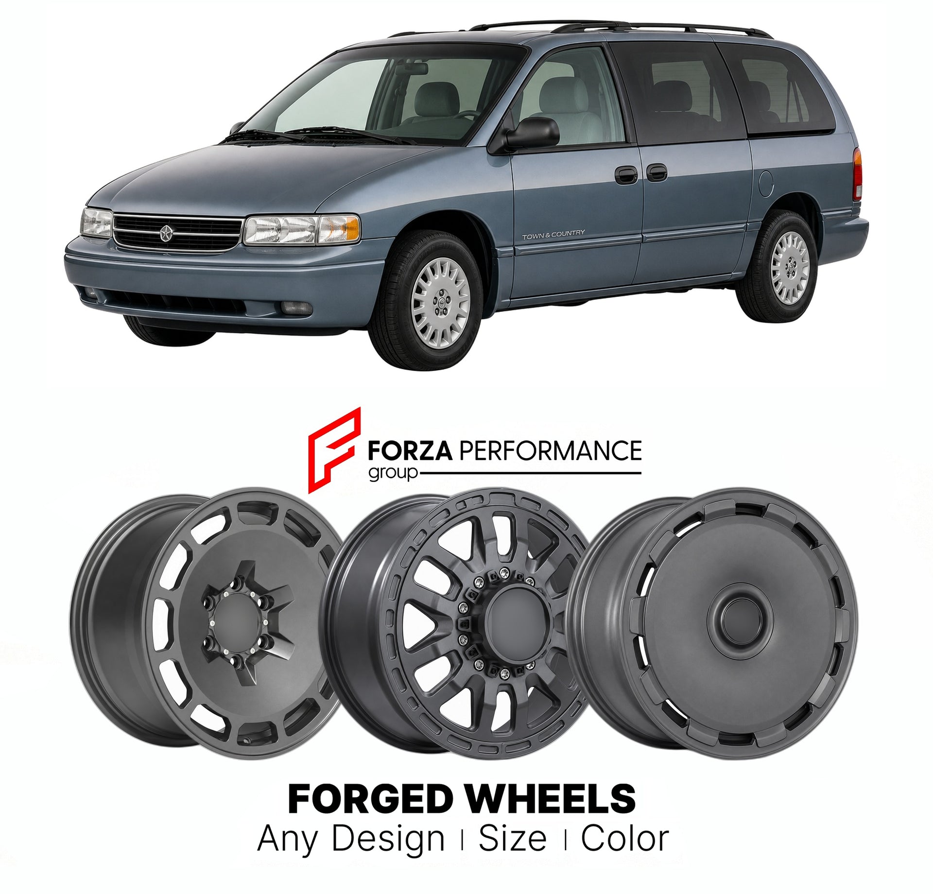 FORGED WHEELS RIMS for CHRYSLER TOWN & COUNTRY 1996 - 2000

Custom forged wheels for Chrysler Town & Country 1996 - 2000. Made-to-order monoblock, 2-piece and 3-piece rims in custom sizes, offsets, colors and finishes with guaranteed fitment.

We manufacture premium quality forged wheels rims for Chrysler Town & Country 1996 - 2000 in any design, size, color.

THIS WHEEL DESIGN CAN BE CUSTOM-MADE FOR YOUR CAR IN ANY SIZE AND COLOR OPTIONS
Available in monoblock, 2-piece, 3-piece, duoblock, beadlock
3D wheel