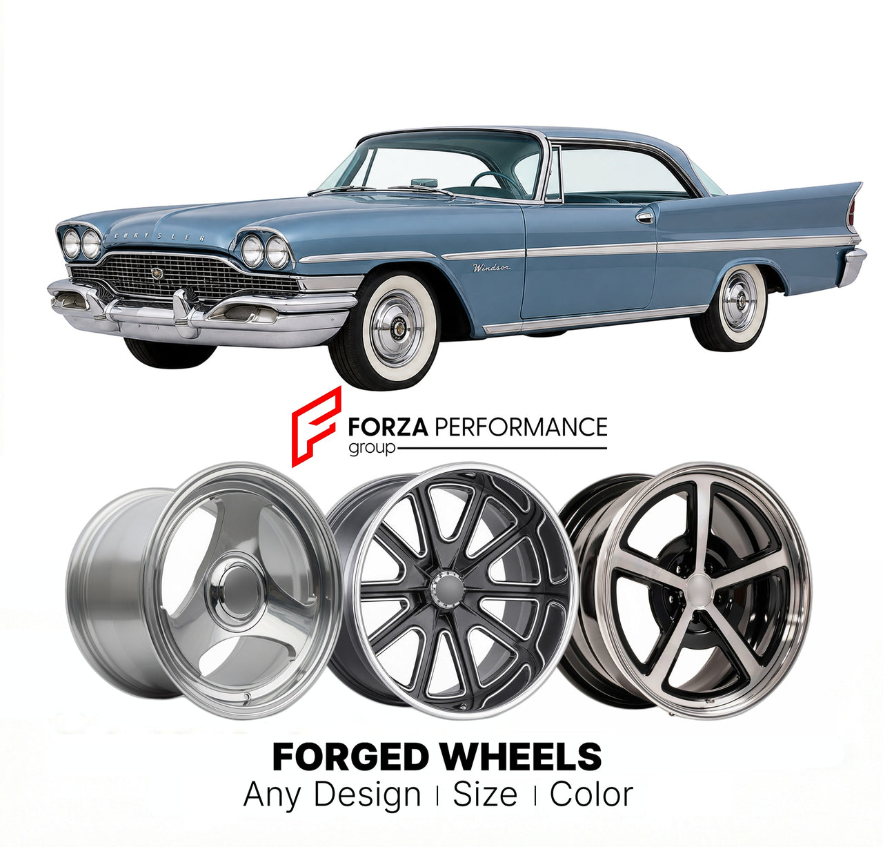 CUSTOM CLASSIC VINTAGE RESTOMOD RETRO OLD SCHOOL FORGED WHEELS RIMS for CHRYSLER WINDSOR 1958 - 1967
Custom forged wheels for classic American muscle cars. Ideal for restomod builds, vintage restorations, and show cars. Deep dish and retro styling available.

We manufacture premium quality forged wheels rims for Chrysler Windsor 1958 - 1967 in any design, size, color.

THIS WHEEL DESIGN CAN BE CUSTOM-MADE FOR YOUR CAR IN ANY SIZE AND COLOR OPTIONS
Available in monoblock, 2-piece, 3-piece, duoblock, beadlock