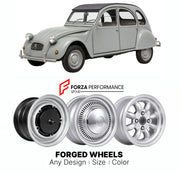CUSTOM CLASSIC VINTAGE RESTOMOD RETRO OLD SCHOOL FORGED WHEELS RIMS for CITROEN 2CV 1948 - 1990

Custom forged wheels for Citroen 2CV 1948 - 1990. Classic, vintage, restomod wheel designs made to order in custom sizes, offsets, colors and finishes.

We manufacture premium quality forged wheels rims for Citroen 2CV 1948 - 1990 in any design, size, color.

THIS WHEEL DESIGN CAN BE CUSTOM-MADE FOR YOUR CAR IN ANY SIZE AND COLOR OPTIONS
Available in monoblock, 2-piece, 3-piece, duoblock, beadlock
3D wheel rende