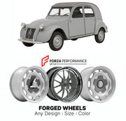 CUSTOM CLASSIC VINTAGE RESTOMOD RETRO OLD SCHOOL FORGED WHEELS RIMS for CITROEN 2CV A-SERIES 1948 - 1990

Custom forged wheels for Citroen 2CV A-Series 1948 - 1990. Classic, vintage, restomod wheel designs made to order in custom sizes, offsets, colors and finishes.

We manufacture premium quality forged wheels rims for Citroen 2CV A-Series 1948 - 1990 in any design, size, color.

THIS WHEEL DESIGN CAN BE CUSTOM-MADE FOR YOUR CAR IN ANY SIZE AND COLOR OPTIONS
Available in monoblock, 2-piece, 3-piece, duoblo