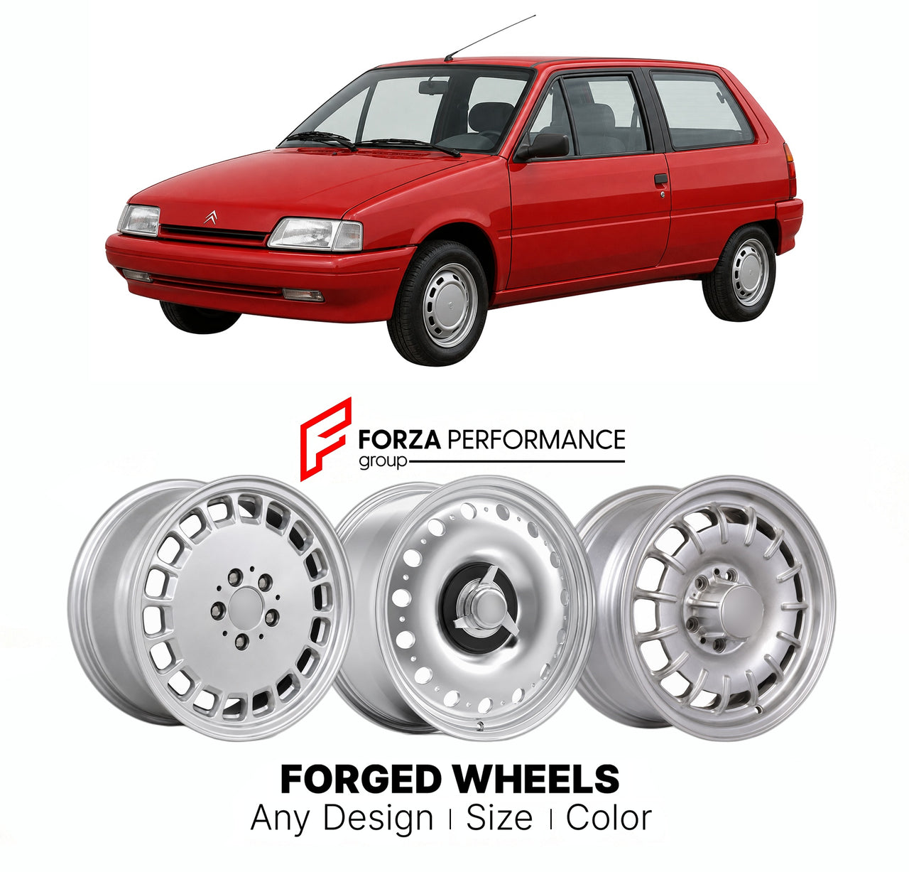 CUSTOM CLASSIC VINTAGE RESTOMOD RETRO OLD SCHOOL FORGED WHEELS RIMS for CITROEN AX 1986 - 1998

Custom forged wheels for Citroen AX 1986 - 1998. Classic, vintage, restomod wheel designs made to order in custom sizes, offsets, colors and finishes.

We manufacture premium quality forged wheels rims for Citroen AX 1986 - 1998 in any design, size, color.

THIS WHEEL DESIGN CAN BE CUSTOM-MADE FOR YOUR CAR IN ANY SIZE AND COLOR OPTIONS
Available in monoblock, 2-piece, 3-piece, duoblock, beadlock
3D wheel renderin