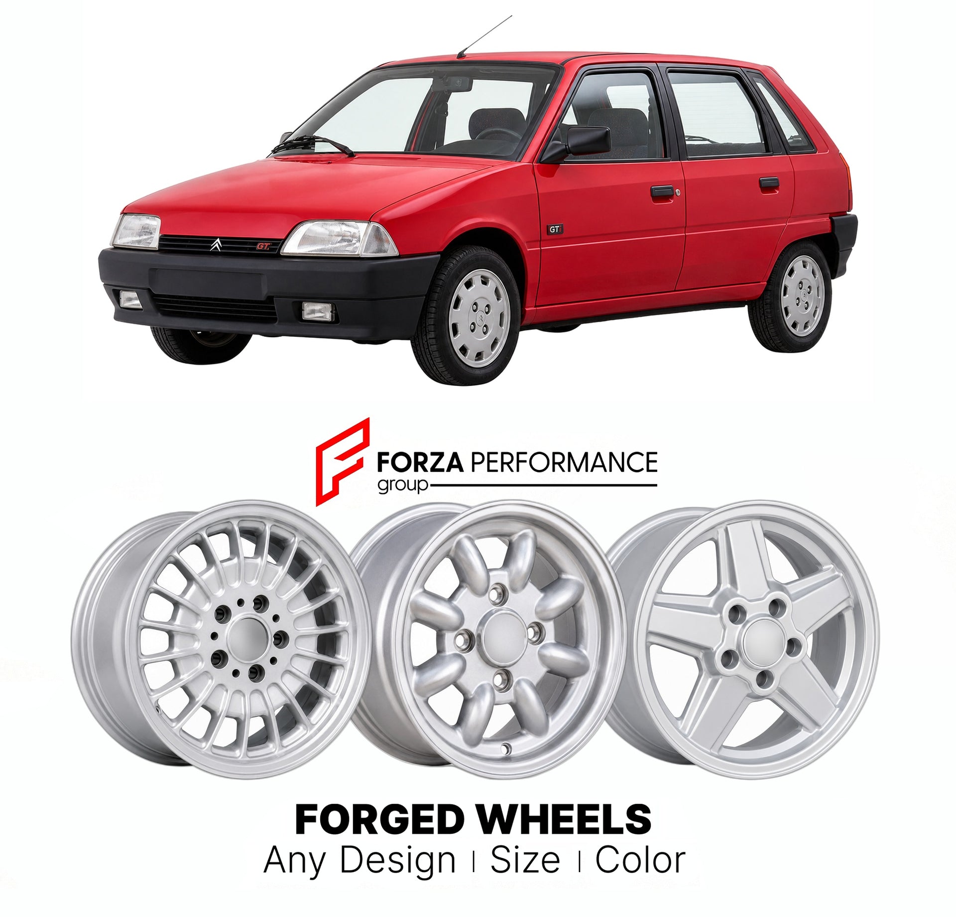CUSTOM CLASSIC VINTAGE RESTOMOD RETRO OLD SCHOOL FORGED WHEELS RIMS for CITROEN AX GT GTI 1987 - 1996

Custom forged wheels for Citroen AX GT GTI 1987 - 1996. Classic, vintage, restomod wheel designs made to order in custom sizes, offsets, colors and finishes.

We manufacture premium quality forged wheels rims for Citroen AX GT GTI 1987 - 1996 in any design, size, color.

THIS WHEEL DESIGN CAN BE CUSTOM-MADE FOR YOUR CAR IN ANY SIZE AND COLOR OPTIONS
Available in monoblock, 2-piece, 3-piece, duoblock, beadl