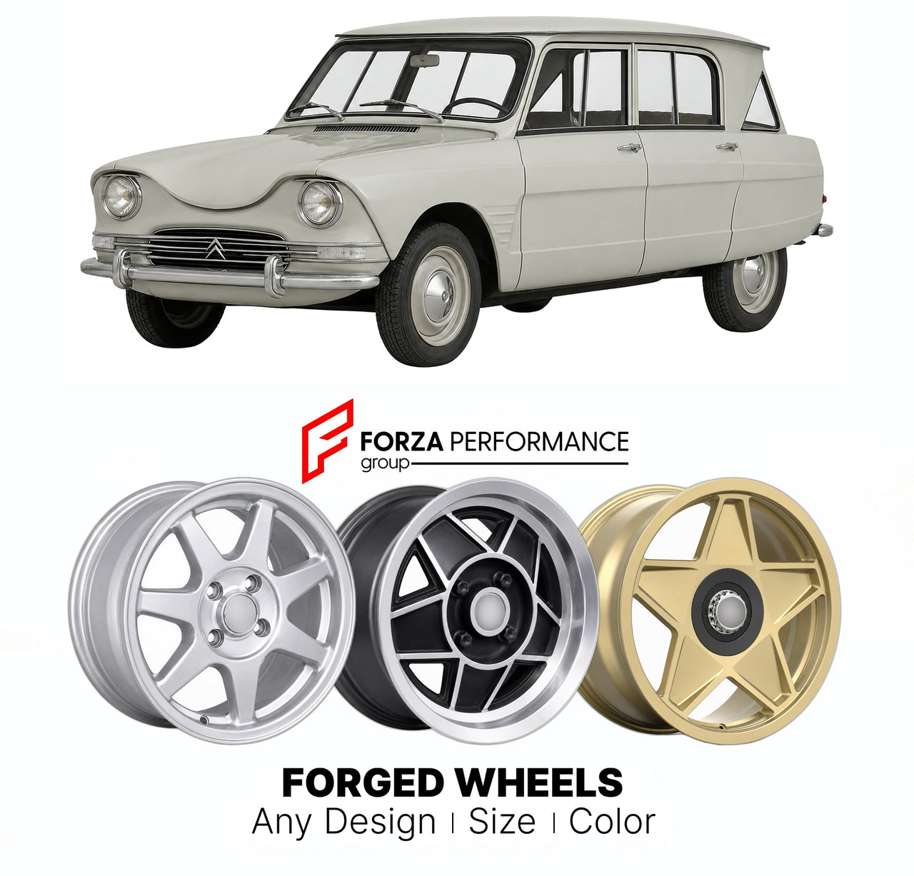 CUSTOM CLASSIC VINTAGE RESTOMOD RETRO OLD SCHOOL FORGED WHEELS RIMS for CITROEN AMI 6 1961 - 1969

Custom forged wheels for Citroen Ami 6 1961 - 1969. Classic, vintage, restomod wheel designs made to order in custom sizes, offsets, colors and finishes.

We manufacture premium quality forged wheels rims for Citroen Ami 6 1961 - 1969 in any design, size, color.

THIS WHEEL DESIGN CAN BE CUSTOM-MADE FOR YOUR CAR IN ANY SIZE AND COLOR OPTIONS
Available in monoblock, 2-piece, 3-piece, duoblock, beadlock
3D wheel