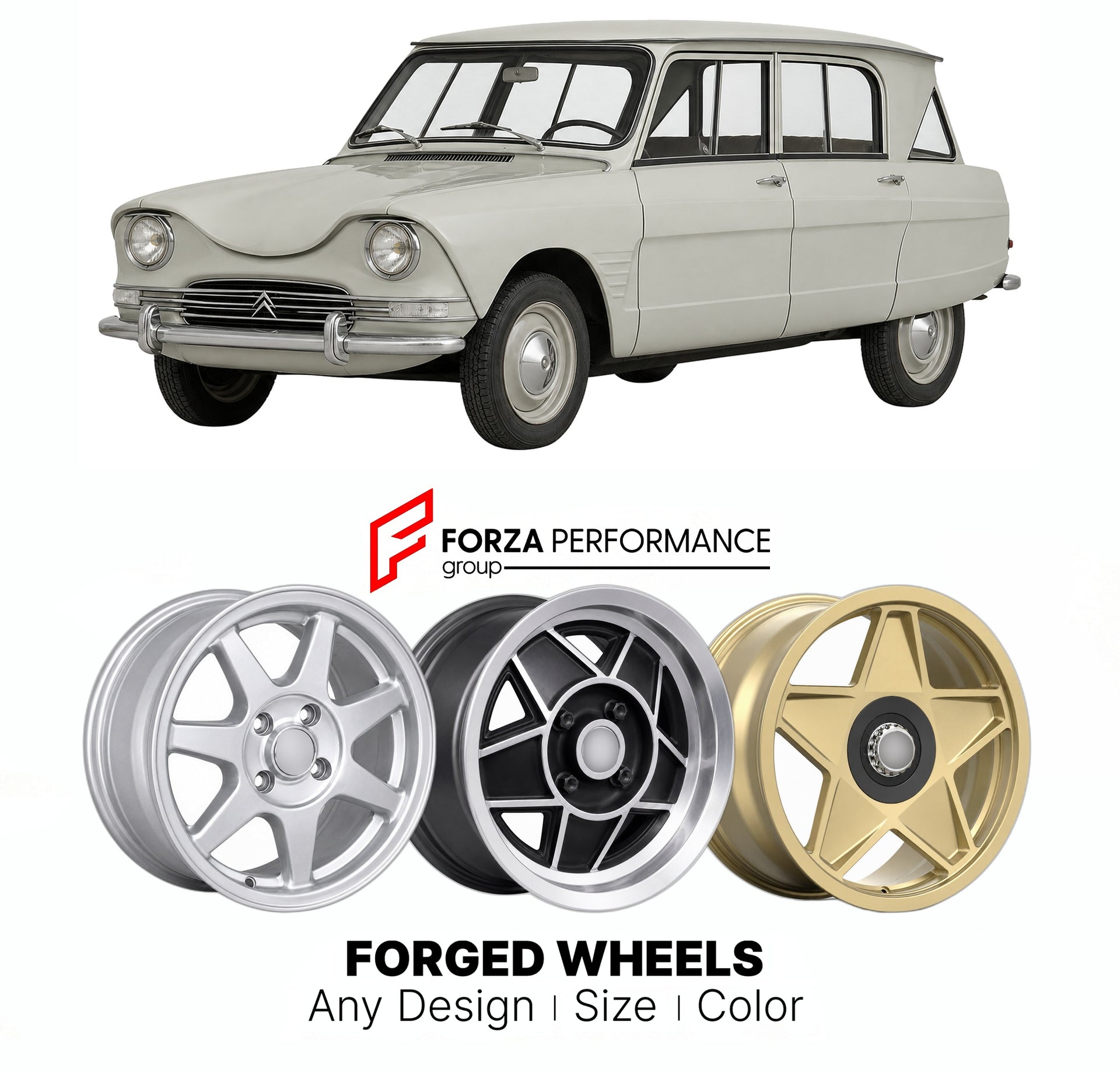 CUSTOM CLASSIC VINTAGE RESTOMOD RETRO OLD SCHOOL FORGED WHEELS RIMS for CITROEN AMI 6 1961 - 1969

Custom forged wheels for Citroen Ami 6 1961 - 1969. Classic, vintage, restomod wheel designs made to order in custom sizes, offsets, colors and finishes.

We manufacture premium quality forged wheels rims for Citroen Ami 6 1961 - 1969 in any design, size, color.

THIS WHEEL DESIGN CAN BE CUSTOM-MADE FOR YOUR CAR IN ANY SIZE AND COLOR OPTIONS
Available in monoblock, 2-piece, 3-piece, duoblock, beadlock
3D wheel
