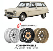 CUSTOM CLASSIC VINTAGE RESTOMOD RETRO OLD SCHOOL FORGED WHEELS RIMS for CITROEN AMI 6 AMI 8 1961 - 1978

Custom forged wheels for Citroen Ami 6 Ami 8 1961 - 1978. Classic, vintage, restomod wheel designs made to order in custom sizes, offsets, colors and finishes.

We manufacture premium quality forged wheels rims for Citroen Ami 6 Ami 8 1961 - 1978 in any design, size, color.

THIS WHEEL DESIGN CAN BE CUSTOM-MADE FOR YOUR CAR IN ANY SIZE AND COLOR OPTIONS
Available in monoblock, 2-piece, 3-piece, duoblock,