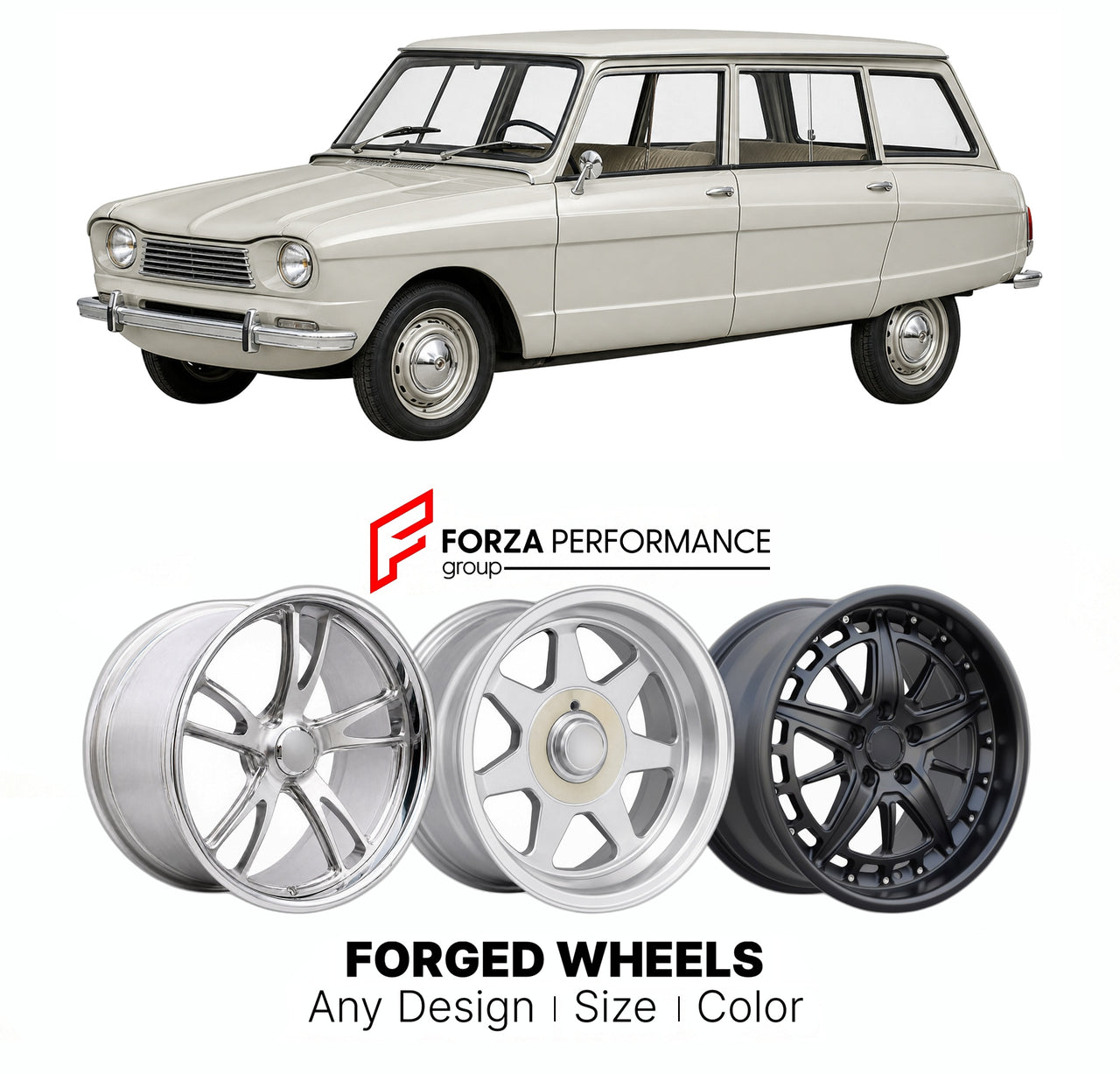 CUSTOM CLASSIC VINTAGE RESTOMOD RETRO OLD SCHOOL FORGED WHEELS RIMS for CITROEN AMI 6 BREAK 1964 - 1969

Custom forged wheels for Citroen Ami 6 Break 1964 - 1969. Classic, vintage, restomod wheel designs made to order in custom sizes, offsets, colors and finishes.

We manufacture premium quality forged wheels rims for Citroen Ami 6 Break 1964 - 1969 in any design, size, color.

THIS WHEEL DESIGN CAN BE CUSTOM-MADE FOR YOUR CAR IN ANY SIZE AND COLOR OPTIONS
Available in monoblock, 2-piece, 3-piece, duoblock,