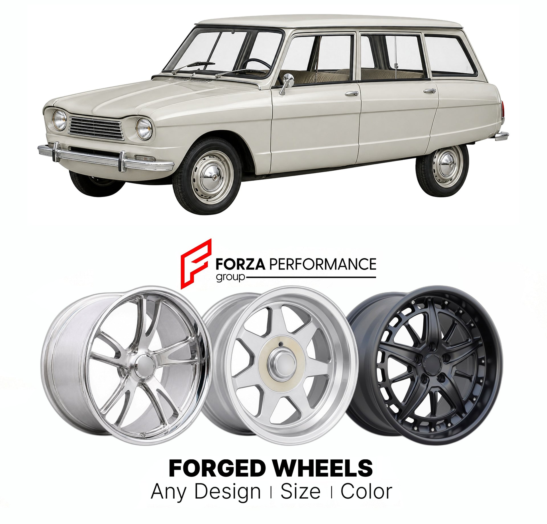 CUSTOM CLASSIC VINTAGE RESTOMOD RETRO OLD SCHOOL FORGED WHEELS RIMS for CITROEN AMI 6 BREAK 1964 - 1969

Custom forged wheels for Citroen Ami 6 Break 1964 - 1969. Classic, vintage, restomod wheel designs made to order in custom sizes, offsets, colors and finishes.

We manufacture premium quality forged wheels rims for Citroen Ami 6 Break 1964 - 1969 in any design, size, color.

THIS WHEEL DESIGN CAN BE CUSTOM-MADE FOR YOUR CAR IN ANY SIZE AND COLOR OPTIONS
Available in monoblock, 2-piece, 3-piece, duoblock,