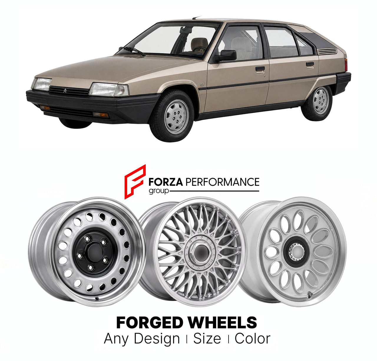 CUSTOM CLASSIC VINTAGE RESTOMOD RETRO OLD SCHOOL FORGED WHEELS RIMS for CITROEN BX 1982 - 1994

Custom forged wheels for Citroen BX 1982 - 1994. Classic, vintage, restomod wheel designs made to order in custom sizes, offsets, colors and finishes.

We manufacture premium quality forged wheels rims for Citroen BX 1982 - 1994 in any design, size, color.

THIS WHEEL DESIGN CAN BE CUSTOM-MADE FOR YOUR CAR IN ANY SIZE AND COLOR OPTIONS
Available in monoblock, 2-piece, 3-piece, duoblock, beadlock
3D wheel renderin