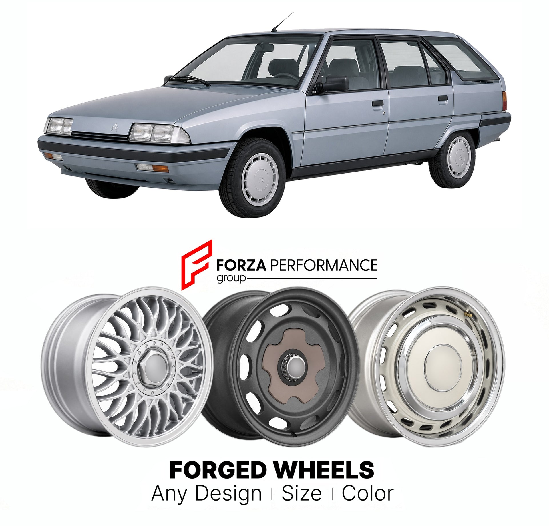 CUSTOM CLASSIC VINTAGE RESTOMOD RETRO OLD SCHOOL FORGED WHEELS RIMS for CITROEN BX BREAK 1985 - 1994

Custom forged wheels for Citroen BX Break 1985 - 1994. Classic, vintage, restomod wheel designs made to order in custom sizes, offsets, colors and finishes.

We manufacture premium quality forged wheels rims for Citroen BX Break 1985 - 1994 in any design, size, color.

THIS WHEEL DESIGN CAN BE CUSTOM-MADE FOR YOUR CAR IN ANY SIZE AND COLOR OPTIONS
Available in monoblock, 2-piece, 3-piece, duoblock, beadlock