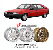 CUSTOM CLASSIC VINTAGE RESTOMOD RETRO OLD SCHOOL FORGED WHEELS RIMS for CITROEN BX GTI 16 VALVE 1986 - 1993

Custom forged wheels for Citroen BX GTI 16 Valve 1986 - 1993. Classic, vintage, restomod wheel designs made to order in custom sizes, offsets, colors and finishes.

We manufacture premium quality forged wheels rims for Citroen BX GTI 16 Valve 1986 - 1993 in any design, size, color.

THIS WHEEL DESIGN CAN BE CUSTOM-MADE FOR YOUR CAR IN ANY SIZE AND COLOR OPTIONS
Available in monoblock, 2-piece, 3-piec