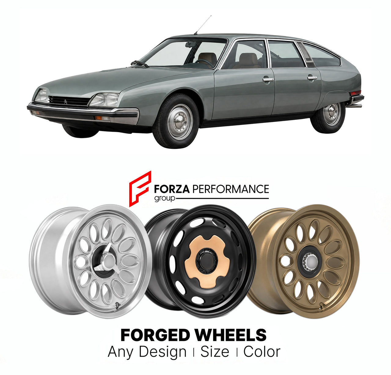 CUSTOM CLASSIC VINTAGE RESTOMOD RETRO OLD SCHOOL FORGED WHEELS RIMS for CITROEN CX 1974 - 1991

Custom forged wheels for Citroen CX 1974 - 1991. Classic, vintage, restomod wheel designs made to order in custom sizes, offsets, colors and finishes.

We manufacture premium quality forged wheels rims for Citroen CX 1974 - 1991 in any design, size, color.

THIS WHEEL DESIGN CAN BE CUSTOM-MADE FOR YOUR CAR IN ANY SIZE AND COLOR OPTIONS
Available in monoblock, 2-piece, 3-piece, duoblock, beadlock
3D wheel renderin