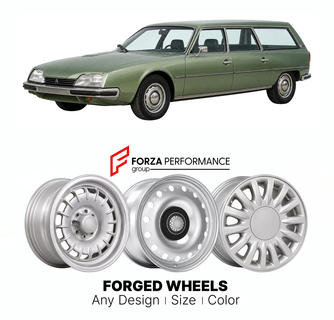 CUSTOM CLASSIC VINTAGE RESTOMOD RETRO OLD SCHOOL FORGED WHEELS RIMS for CITROEN CX BREAK 1975 - 1991

Custom forged wheels for Citroen CX Break 1975 - 1991. Classic, vintage, restomod wheel designs made to order in custom sizes, offsets, colors and finishes.

We manufacture premium quality forged wheels rims for Citroen CX Break 1975 - 1991 in any design, size, color.

THIS WHEEL DESIGN CAN BE CUSTOM-MADE FOR YOUR CAR IN ANY SIZE AND COLOR OPTIONS
Available in monoblock, 2-piece, 3-piece, duoblock, beadlock