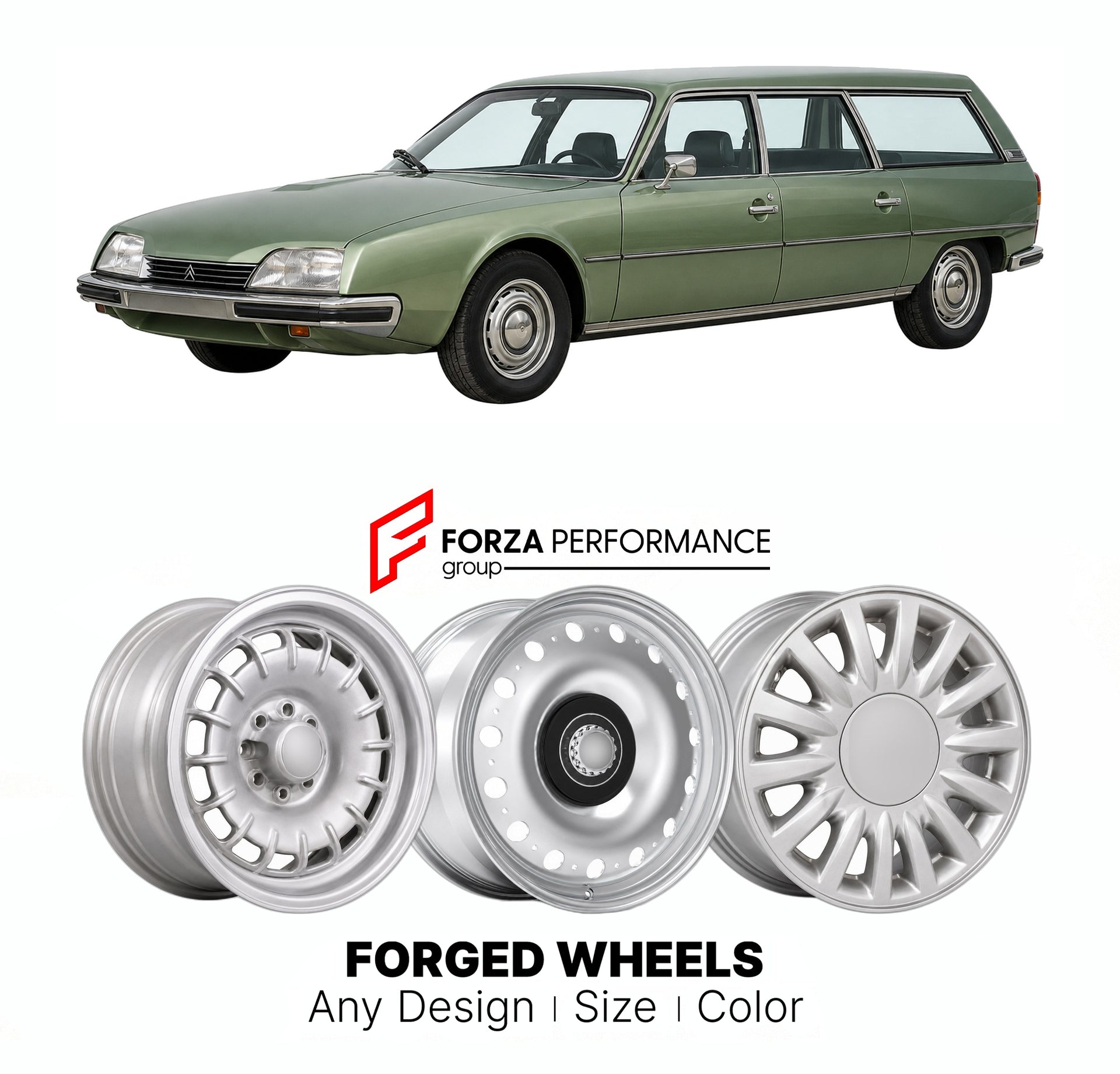 CUSTOM CLASSIC VINTAGE RESTOMOD RETRO OLD SCHOOL FORGED WHEELS RIMS for CITROEN CX BREAK 1975 - 1991

Custom forged wheels for Citroen CX Break 1975 - 1991. Classic, vintage, restomod wheel designs made to order in custom sizes, offsets, colors and finishes.

We manufacture premium quality forged wheels rims for Citroen CX Break 1975 - 1991 in any design, size, color.

THIS WHEEL DESIGN CAN BE CUSTOM-MADE FOR YOUR CAR IN ANY SIZE AND COLOR OPTIONS
Available in monoblock, 2-piece, 3-piece, duoblock, beadlock
