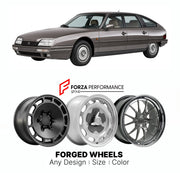 CUSTOM CLASSIC VINTAGE RESTOMOD RETRO OLD SCHOOL FORGED WHEELS RIMS for CITROEN CX GTI TURBO SERIES 2 1984 - 1989

Custom forged wheels for Citroen CX GTi Turbo Series 2 1984 - 1989. Classic, vintage, restomod wheel designs made to order in custom sizes, offsets, colors and finishes.

We manufacture premium quality forged wheels rims for Citroen CX GTi Turbo Series 2 1984 - 1989 in any design, size, color.

THIS WHEEL DESIGN CAN BE CUSTOM-MADE FOR YOUR CAR IN ANY SIZE AND COLOR OPTIONS
Available in monobloc