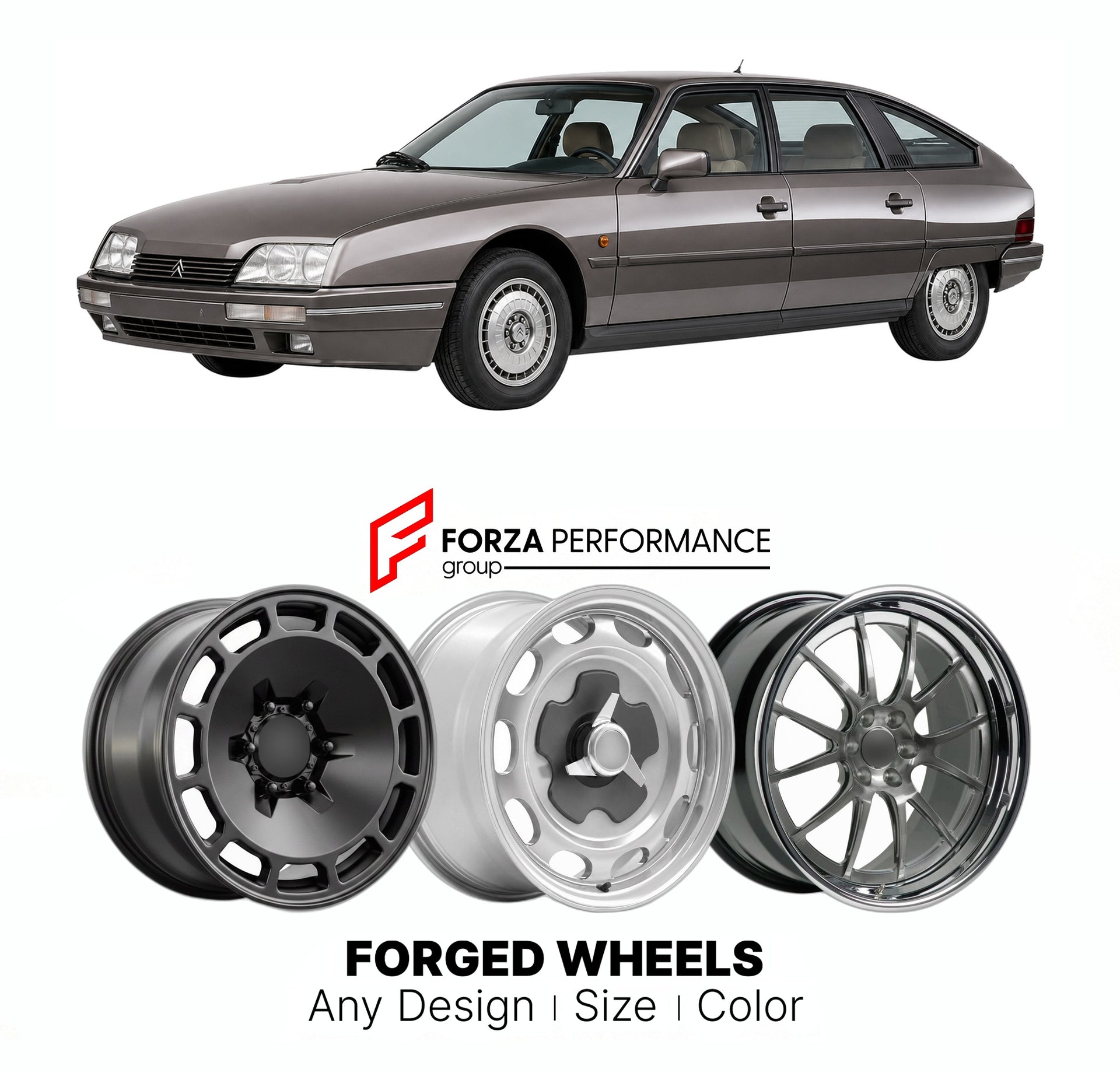 CUSTOM CLASSIC VINTAGE RESTOMOD RETRO OLD SCHOOL FORGED WHEELS RIMS for CITROEN CX GTI TURBO SERIES 2 1984 - 1989

Custom forged wheels for Citroen CX GTi Turbo Series 2 1984 - 1989. Classic, vintage, restomod wheel designs made to order in custom sizes, offsets, colors and finishes.

We manufacture premium quality forged wheels rims for Citroen CX GTi Turbo Series 2 1984 - 1989 in any design, size, color.

THIS WHEEL DESIGN CAN BE CUSTOM-MADE FOR YOUR CAR IN ANY SIZE AND COLOR OPTIONS
Available in monobloc