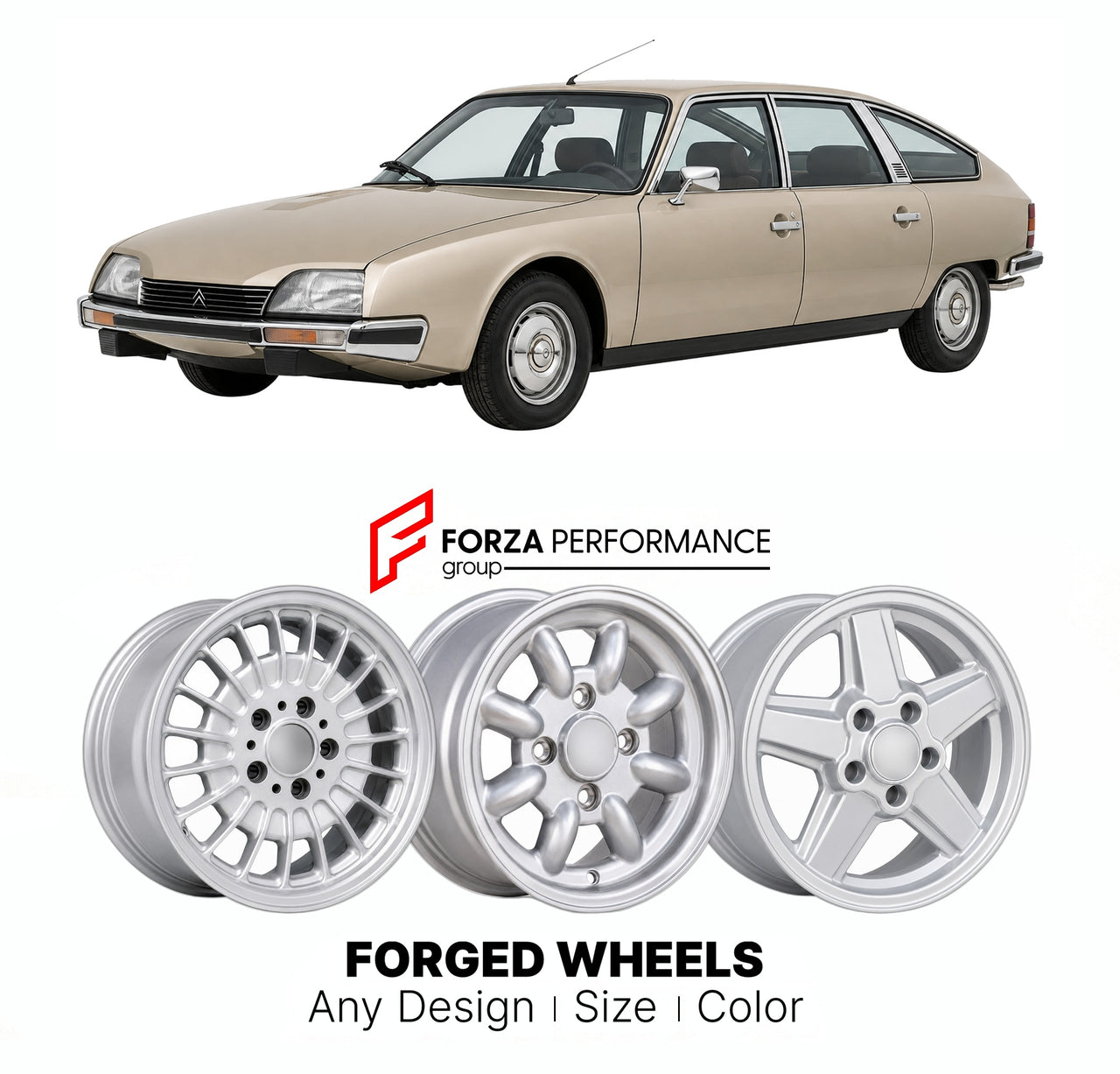 CUSTOM CLASSIC VINTAGE RESTOMOD RETRO OLD SCHOOL FORGED WHEELS RIMS for CITROEN CX SERIES 1 1974 - 1985

Custom forged wheels for Citroen CX Series 1 1974 - 1985. Classic, vintage, restomod wheel designs made to order in custom sizes, offsets, colors and finishes.

We manufacture premium quality forged wheels rims for Citroen CX Series 1 1974 - 1985 in any design, size, color.

THIS WHEEL DESIGN CAN BE CUSTOM-MADE FOR YOUR CAR IN ANY SIZE AND COLOR OPTIONS
Available in monoblock, 2-piece, 3-piece, duoblock,