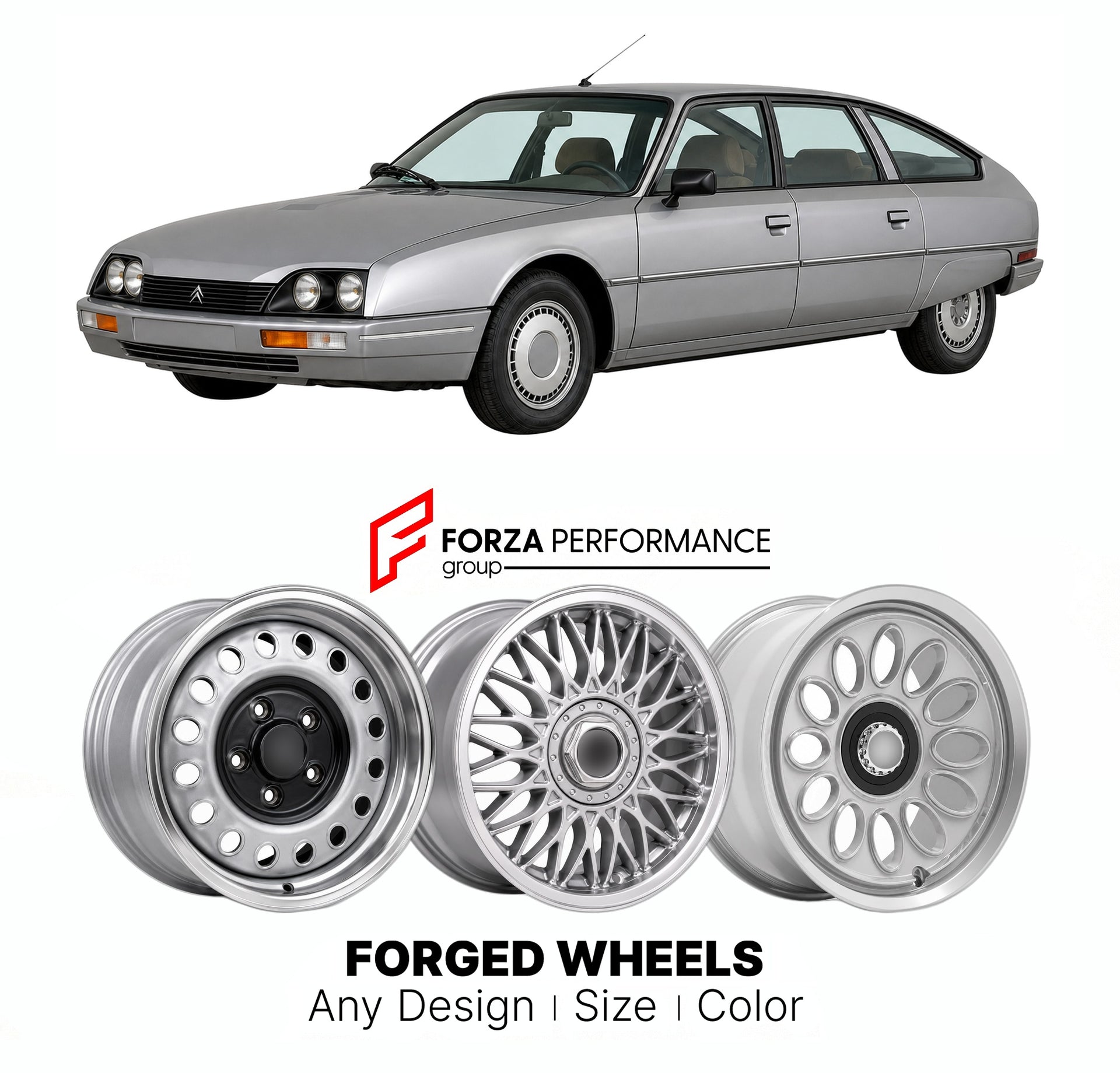 CUSTOM CLASSIC VINTAGE RESTOMOD RETRO OLD SCHOOL FORGED WHEELS RIMS for CITROEN CX SERIES 2 1985 - 1991

Custom forged wheels for Citroen CX Series 2 1985 - 1991. Classic, vintage, restomod wheel designs made to order in custom sizes, offsets, colors and finishes.

We manufacture premium quality forged wheels rims for Citroen CX Series 2 1985 - 1991 in any design, size, color.

THIS WHEEL DESIGN CAN BE CUSTOM-MADE FOR YOUR CAR IN ANY SIZE AND COLOR OPTIONS
Available in monoblock, 2-piece, 3-piece, duoblock,