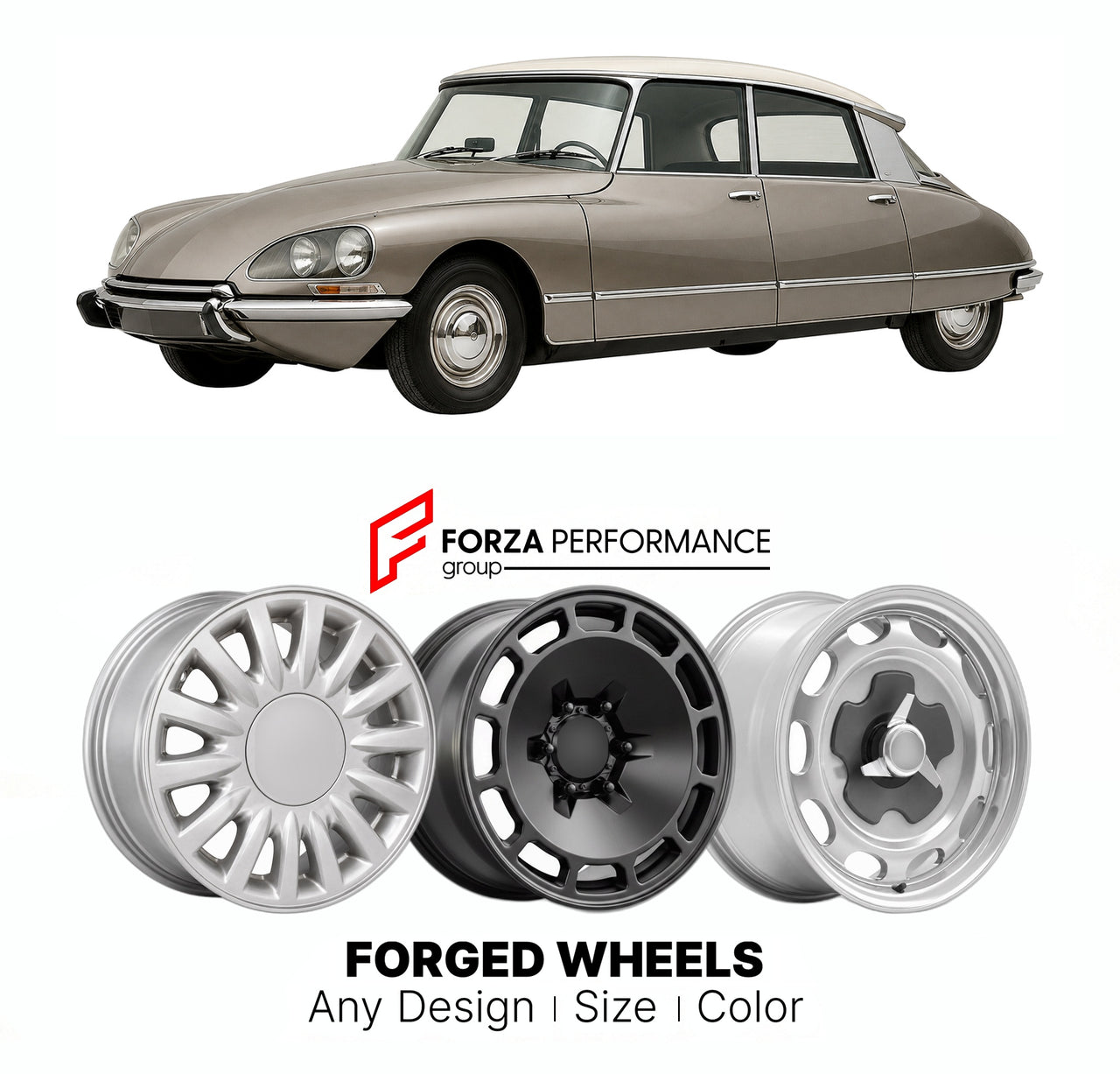 CUSTOM CLASSIC VINTAGE RESTOMOD RETRO OLD SCHOOL FORGED WHEELS RIMS for CITROEN DS20 PALLAS DS 1968 - 1975

Custom forged wheels for Citroen DS20 Pallas DS 1968 - 1975. Classic, vintage, restomod wheel designs made to order in custom sizes, offsets, colors and finishes.

We manufacture premium quality forged wheels rims for Citroen DS20 Pallas DS 1968 - 1975 in any design, size, color.

THIS WHEEL DESIGN CAN BE CUSTOM-MADE FOR YOUR CAR IN ANY SIZE AND COLOR OPTIONS
Available in monoblock, 2-piece, 3-piece, 