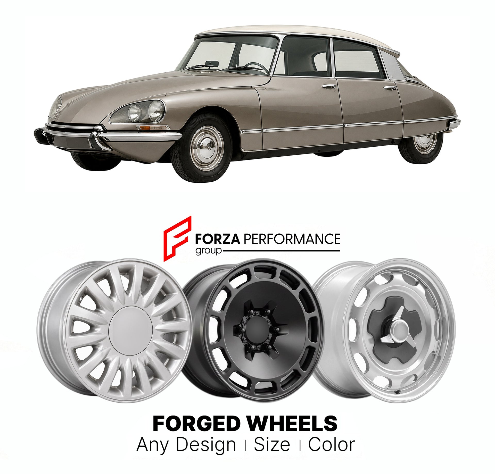 CUSTOM CLASSIC VINTAGE RESTOMOD RETRO OLD SCHOOL FORGED WHEELS RIMS for CITROEN DS20 PALLAS DS 1968 - 1975

Custom forged wheels for Citroen DS20 Pallas DS 1968 - 1975. Classic, vintage, restomod wheel designs made to order in custom sizes, offsets, colors and finishes.

We manufacture premium quality forged wheels rims for Citroen DS20 Pallas DS 1968 - 1975 in any design, size, color.

THIS WHEEL DESIGN CAN BE CUSTOM-MADE FOR YOUR CAR IN ANY SIZE AND COLOR OPTIONS
Available in monoblock, 2-piece, 3-piece, 