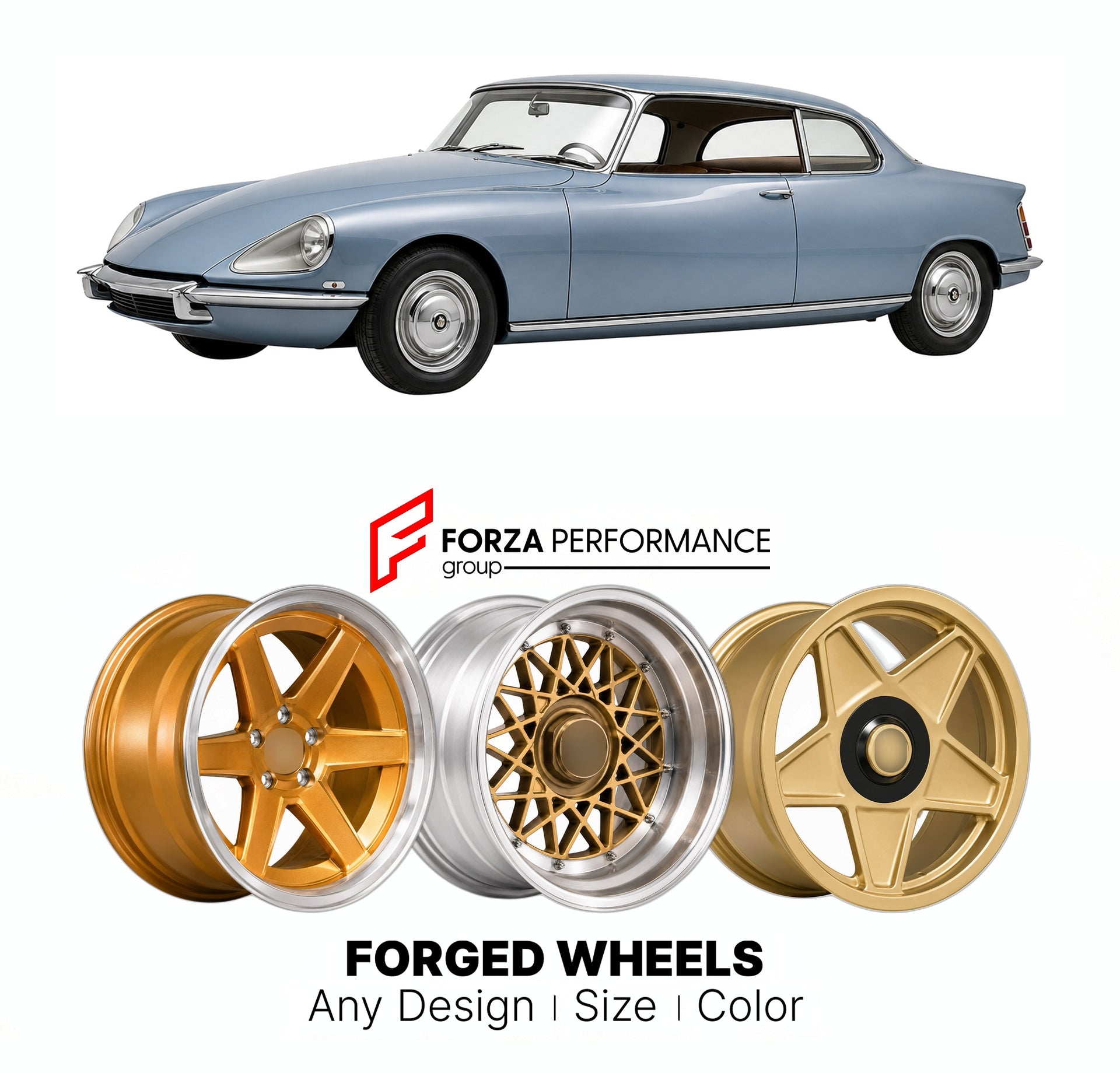 CUSTOM CLASSIC VINTAGE RESTOMOD RETRO OLD SCHOOL FORGED WHEELS RIMS for CITROEN DS21 CHAPRON COUPE 1965 - 1972

Custom forged wheels for Citroen DS21 Chapron Coupe 1965 - 1972. Classic, vintage, restomod wheel designs made to order in custom sizes, offsets, colors and finishes.

We manufacture premium quality forged wheels rims for Citroen DS21 Chapron Coupe 1965 - 1972 in any design, size, color.

THIS WHEEL DESIGN CAN BE CUSTOM-MADE FOR YOUR CAR IN ANY SIZE AND COLOR OPTIONS
Available in monoblock, 2-piec