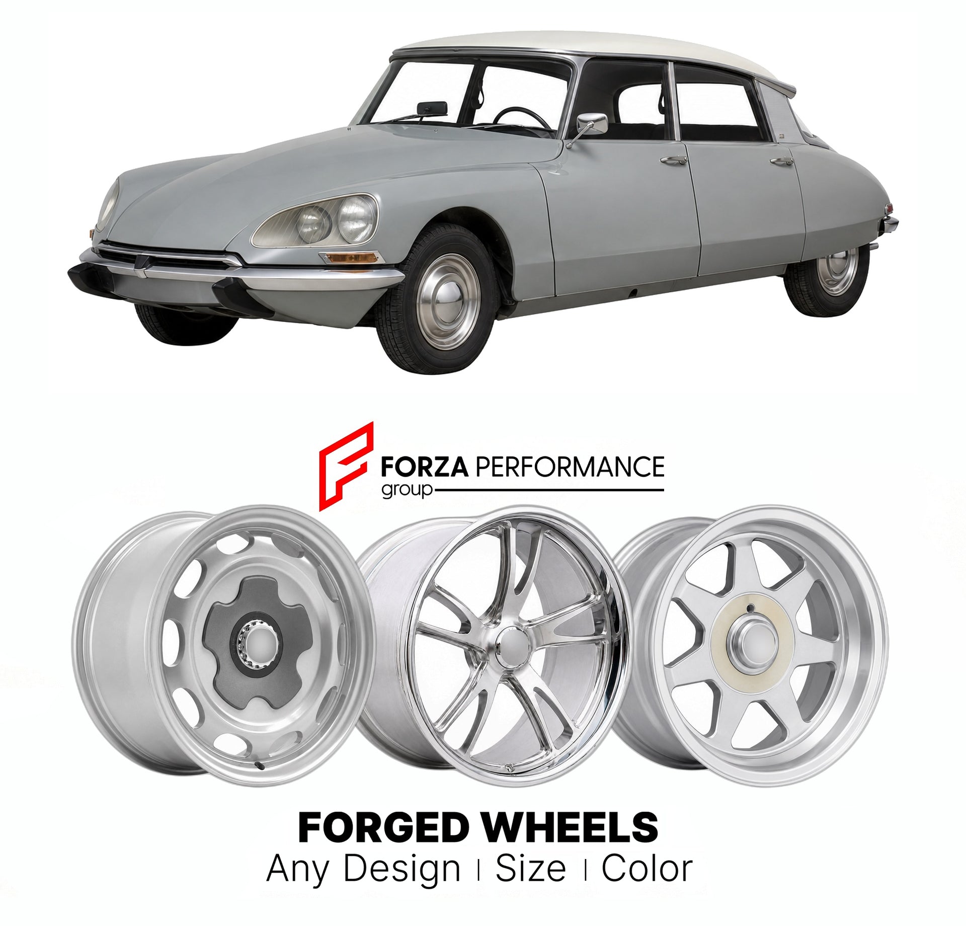 CUSTOM CLASSIC VINTAGE RESTOMOD RETRO OLD SCHOOL FORGED WHEELS RIMS for CITROEN DS 1955 - 1975

Custom forged wheels for Citroen DS 1955 - 1975. Classic, vintage, restomod wheel designs made to order in custom sizes, offsets, colors and finishes.

We manufacture premium quality forged wheels rims for Citroen DS 1955 - 1975 in any design, size, color.

THIS WHEEL DESIGN CAN BE CUSTOM-MADE FOR YOUR CAR IN ANY SIZE AND COLOR OPTIONS
Available in monoblock, 2-piece, 3-piece, duoblock, beadlock
3D wheel renderin
