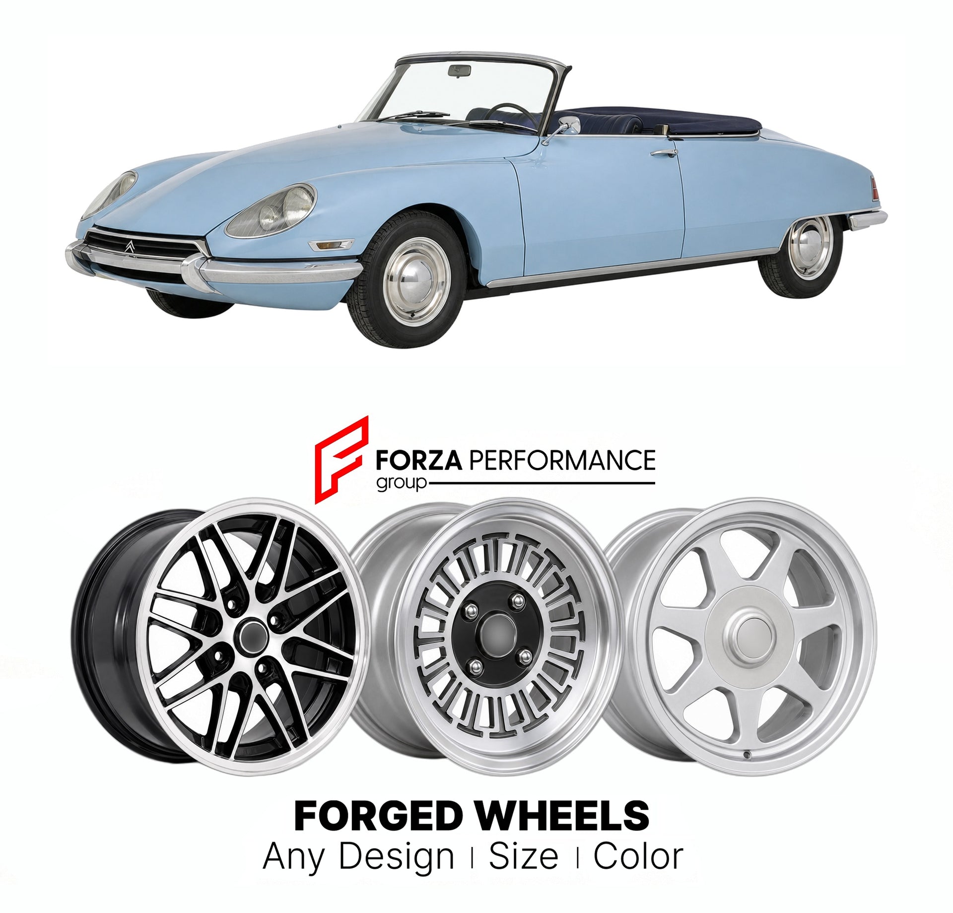 CUSTOM CLASSIC VINTAGE RESTOMOD RETRO OLD SCHOOL FORGED WHEELS RIMS for CITROEN DS CABRIOLET 1960 - 1971

Custom forged wheels for Citroen DS Cabriolet 1960 - 1971. Classic, vintage, restomod wheel designs made to order in custom sizes, offsets, colors and finishes.

We manufacture premium quality forged wheels rims for Citroen DS Cabriolet 1960 - 1971 in any design, size, color.

THIS WHEEL DESIGN CAN BE CUSTOM-MADE FOR YOUR CAR IN ANY SIZE AND COLOR OPTIONS
Available in monoblock, 2-piece, 3-piece, duoblo