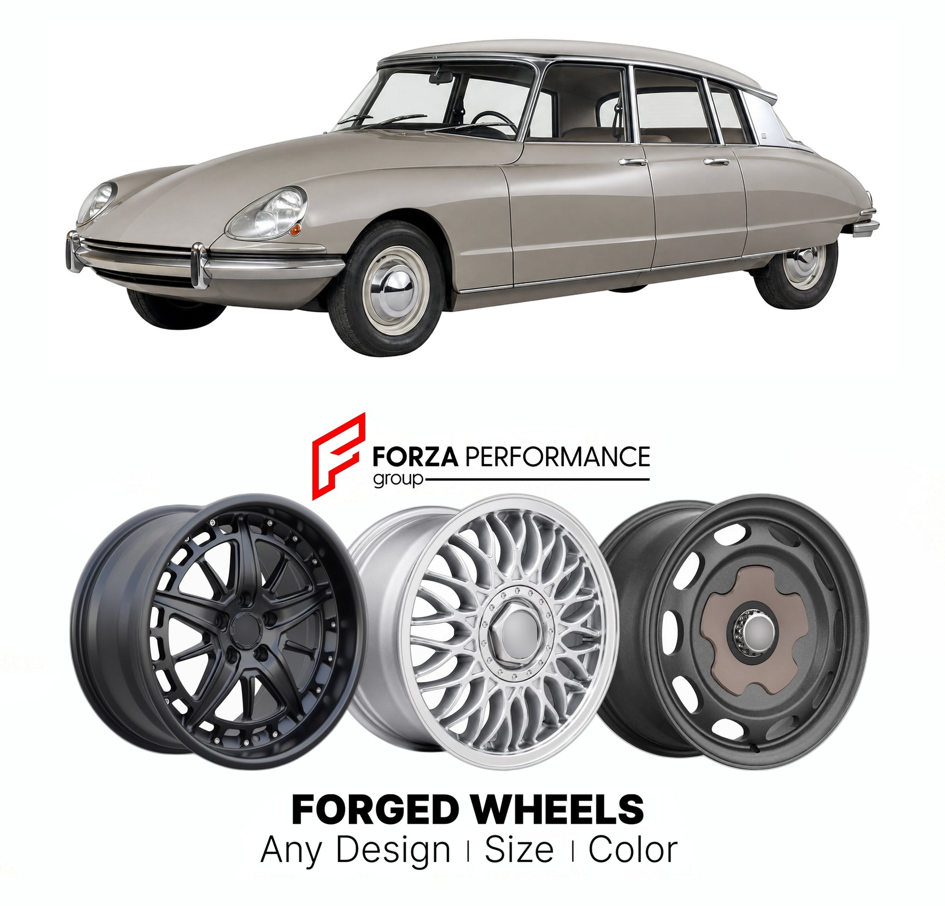 CUSTOM CLASSIC VINTAGE RESTOMOD RETRO OLD SCHOOL FORGED WHEELS RIMS for CITROEN DS ID 1955 - 1975

Custom forged wheels for Citroen DS ID 1955 - 1975. Classic, vintage, restomod wheel designs made to order in custom sizes, offsets, colors and finishes.

We manufacture premium quality forged wheels rims for Citroen DS ID 1955 - 1975 in any design, size, color.

THIS WHEEL DESIGN CAN BE CUSTOM-MADE FOR YOUR CAR IN ANY SIZE AND COLOR OPTIONS
Available in monoblock, 2-piece, 3-piece, duoblock, beadlock
3D wheel