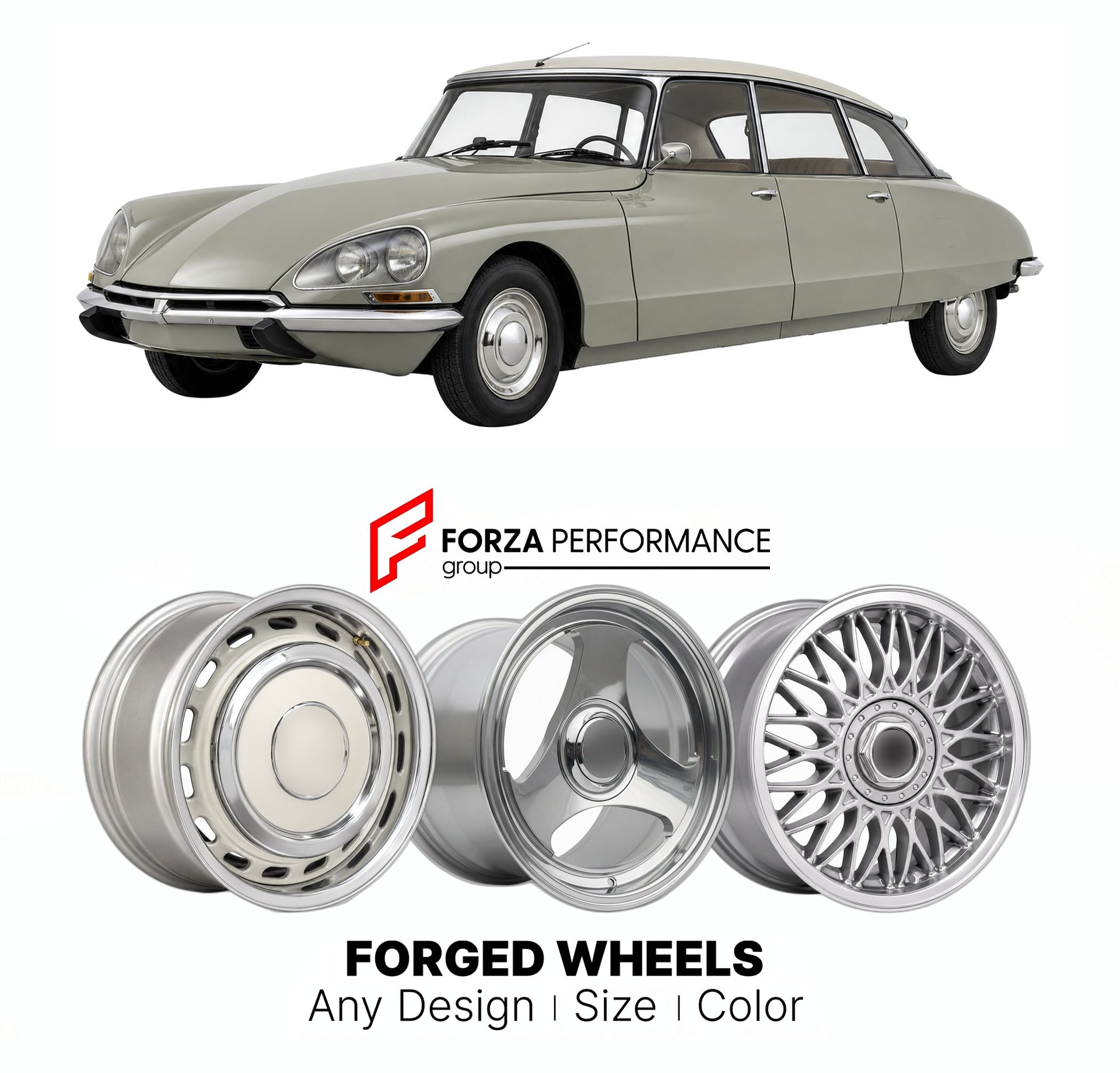 CUSTOM CLASSIC VINTAGE RESTOMOD RETRO OLD SCHOOL FORGED WHEELS RIMS for CITROEN DS ID D-SERIES 1955 - 1975

Custom forged wheels for Citroen DS ID D-Series 1955 - 1975. Classic, vintage, restomod wheel designs made to order in custom sizes, offsets, colors and finishes.

We manufacture premium quality forged wheels rims for Citroen DS ID D-Series 1955 - 1975 in any design, size, color.

THIS WHEEL DESIGN CAN BE CUSTOM-MADE FOR YOUR CAR IN ANY SIZE AND COLOR OPTIONS
Available in monoblock, 2-piece, 3-piece, 