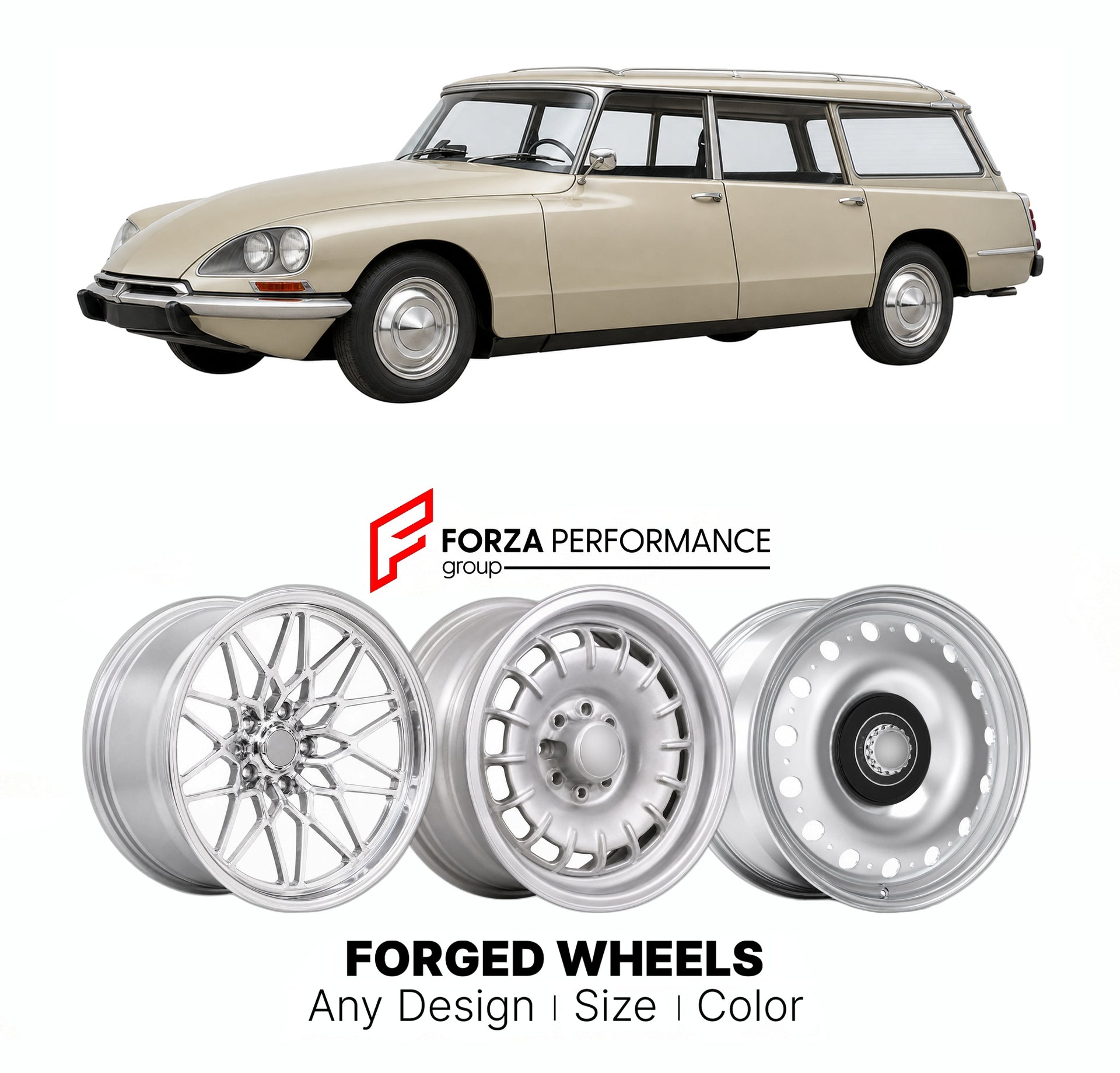 CUSTOM CLASSIC VINTAGE RESTOMOD RETRO OLD SCHOOL FORGED WHEELS RIMS for CITROEN DS SAFARI BREAK 1959 - 1975

Custom forged wheels for Citroen DS Safari Break 1959 - 1975. Classic, vintage, restomod wheel designs made to order in custom sizes, offsets, colors and finishes.

We manufacture premium quality forged wheels rims for Citroen DS Safari Break 1959 - 1975 in any design, size, color.

THIS WHEEL DESIGN CAN BE CUSTOM-MADE FOR YOUR CAR IN ANY SIZE AND COLOR OPTIONS
Available in monoblock, 2-piece, 3-piec