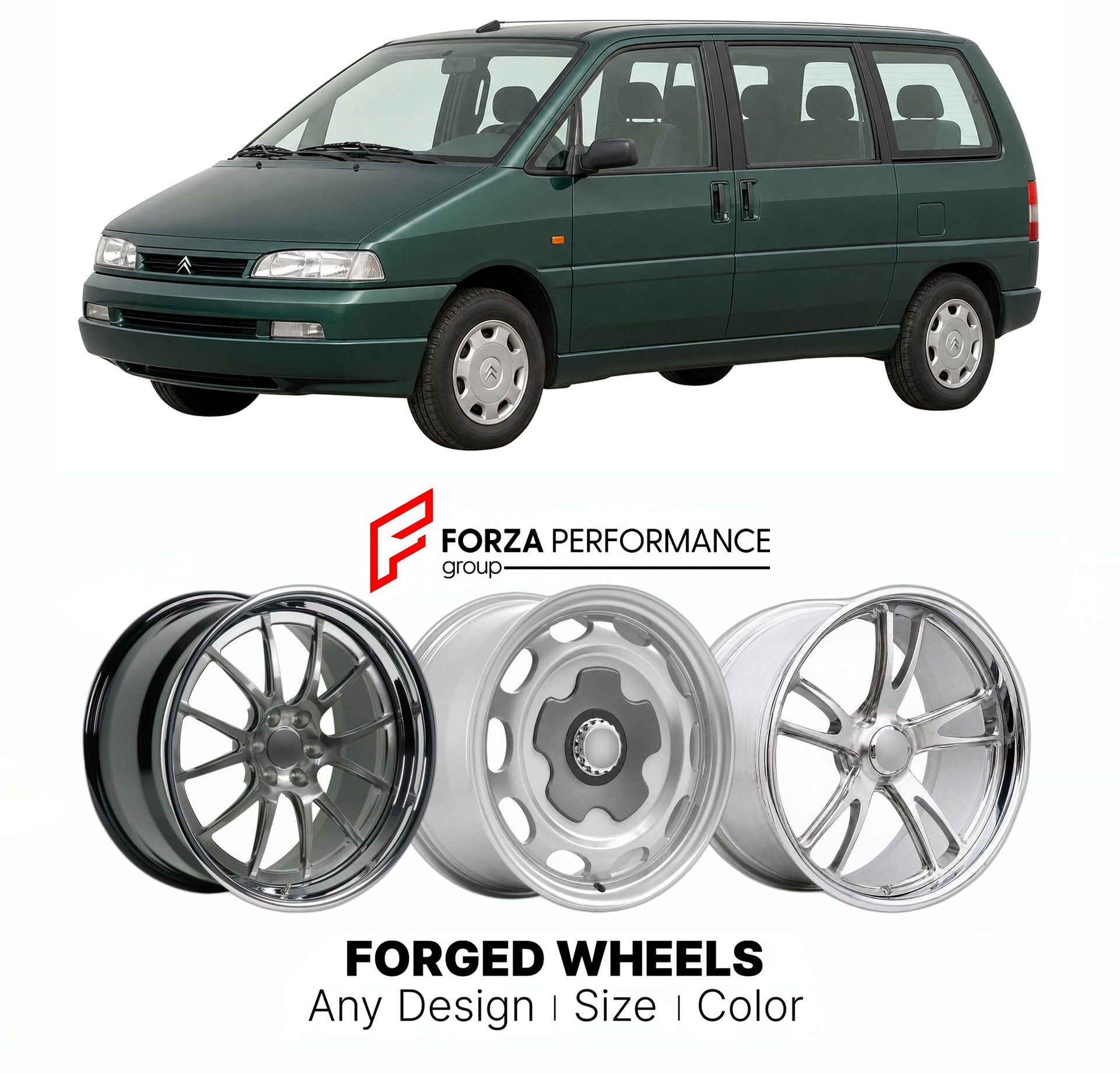 CUSTOM CLASSIC VINTAGE RESTOMOD RETRO OLD SCHOOL FORGED WHEELS RIMS for CITROEN EVASION SYNERGIE 1994 - 2002

Custom forged wheels for Citroen Evasion Synergie 1994 - 2002. Classic, vintage, restomod wheel designs made to order in custom sizes, offsets, colors and finishes.

We manufacture premium quality forged wheels rims for Citroen Evasion Synergie 1994 - 2002 in any design, size, color.

THIS WHEEL DESIGN CAN BE CUSTOM-MADE FOR YOUR CAR IN ANY SIZE AND COLOR OPTIONS
Available in monoblock, 2-piece, 3-p