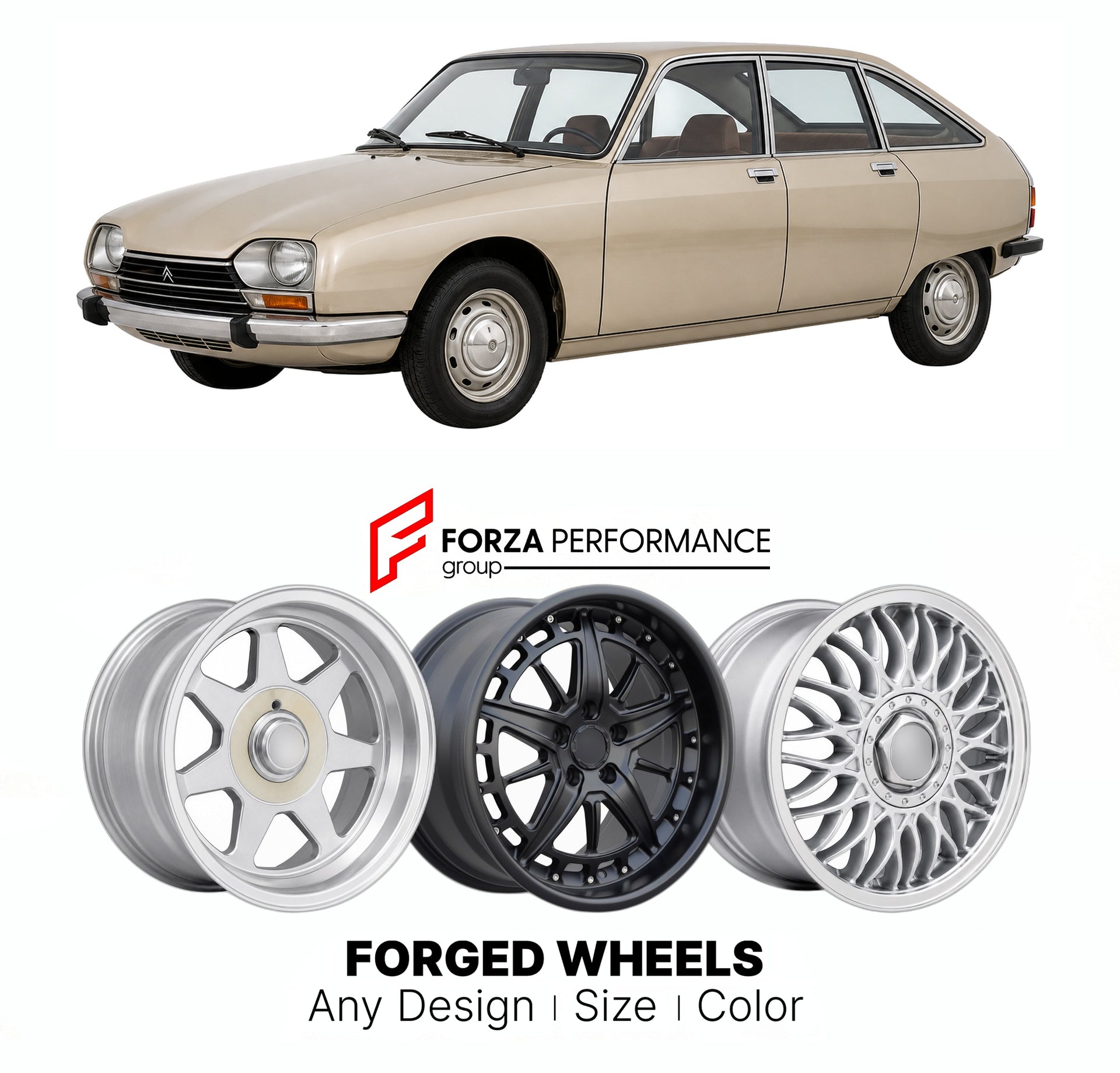 CUSTOM CLASSIC VINTAGE RESTOMOD RETRO OLD SCHOOL FORGED WHEELS RIMS for CITROEN GS 1970 - 1986

Custom forged wheels for Citroen GS 1970 - 1986. Classic, vintage, restomod wheel designs made to order in custom sizes, offsets, colors and finishes.

We manufacture premium quality forged wheels rims for Citroen GS 1970 - 1986 in any design, size, color.

THIS WHEEL DESIGN CAN BE CUSTOM-MADE FOR YOUR CAR IN ANY SIZE AND COLOR OPTIONS
Available in monoblock, 2-piece, 3-piece, duoblock, beadlock
3D wheel renderin