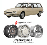 CUSTOM CLASSIC VINTAGE RESTOMOD RETRO OLD SCHOOL FORGED WHEELS RIMS for CITROEN GS BREAK 1971 - 1986

Custom forged wheels for Citroen GS Break 1971 - 1986. Classic, vintage, restomod wheel designs made to order in custom sizes, offsets, colors and finishes.

We manufacture premium quality forged wheels rims for Citroen GS Break 1971 - 1986 in any design, size, color.

THIS WHEEL DESIGN CAN BE CUSTOM-MADE FOR YOUR CAR IN ANY SIZE AND COLOR OPTIONS
Available in monoblock, 2-piece, 3-piece, duoblock, beadlock
