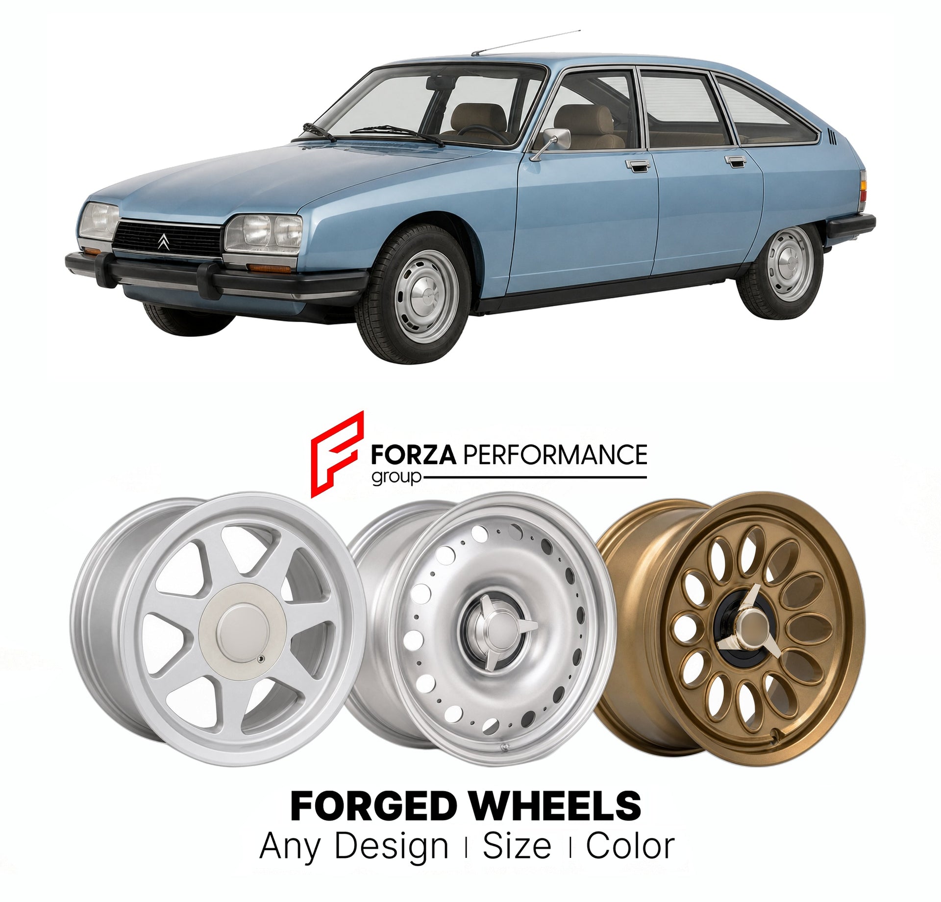 CUSTOM CLASSIC VINTAGE RESTOMOD RETRO OLD SCHOOL FORGED WHEELS RIMS for CITROEN GS GSA 1970 - 1986

Custom forged wheels for Citroen GS GSA 1970 - 1986. Classic, vintage, restomod wheel designs made to order in custom sizes, offsets, colors and finishes.

We manufacture premium quality forged wheels rims for Citroen GS GSA 1970 - 1986 in any design, size, color.

THIS WHEEL DESIGN CAN BE CUSTOM-MADE FOR YOUR CAR IN ANY SIZE AND COLOR OPTIONS
Available in monoblock, 2-piece, 3-piece, duoblock, beadlock
3D wh