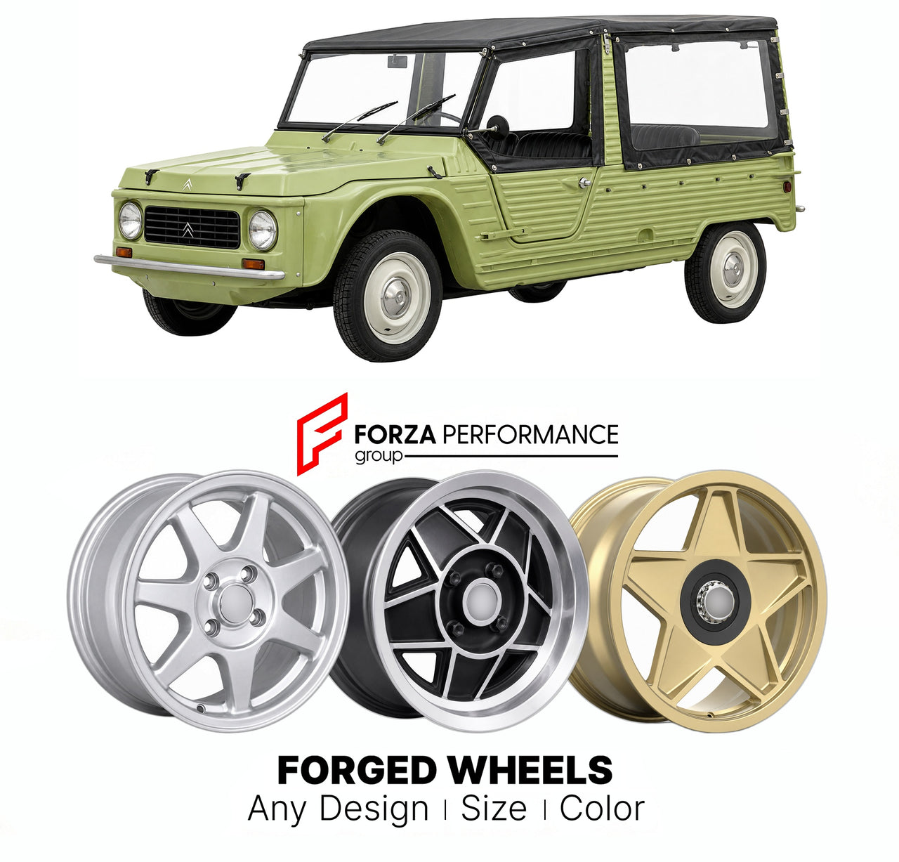 CUSTOM CLASSIC VINTAGE RESTOMOD RETRO OLD SCHOOL FORGED WHEELS RIMS for CITROEN MEHARI 1968 - 1988

Custom forged wheels for Citroen Mehari 1968 - 1988. Classic, vintage, restomod wheel designs made to order in custom sizes, offsets, colors and finishes.

We manufacture premium quality forged wheels rims for Citroen Mehari 1968 - 1988 in any design, size, color.

THIS WHEEL DESIGN CAN BE CUSTOM-MADE FOR YOUR CAR IN ANY SIZE AND COLOR OPTIONS
Available in monoblock, 2-piece, 3-piece, duoblock, beadlock
3D wh