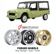 CUSTOM CLASSIC VINTAGE RESTOMOD RETRO OLD SCHOOL FORGED WHEELS RIMS for CITROEN MEHARI 1968 - 1988

Custom forged wheels for Citroen Mehari 1968 - 1988. Classic, vintage, restomod wheel designs made to order in custom sizes, offsets, colors and finishes.

We manufacture premium quality forged wheels rims for Citroen Mehari 1968 - 1988 in any design, size, color.

THIS WHEEL DESIGN CAN BE CUSTOM-MADE FOR YOUR CAR IN ANY SIZE AND COLOR OPTIONS
Available in monoblock, 2-piece, 3-piece, duoblock, beadlock
3D wh
