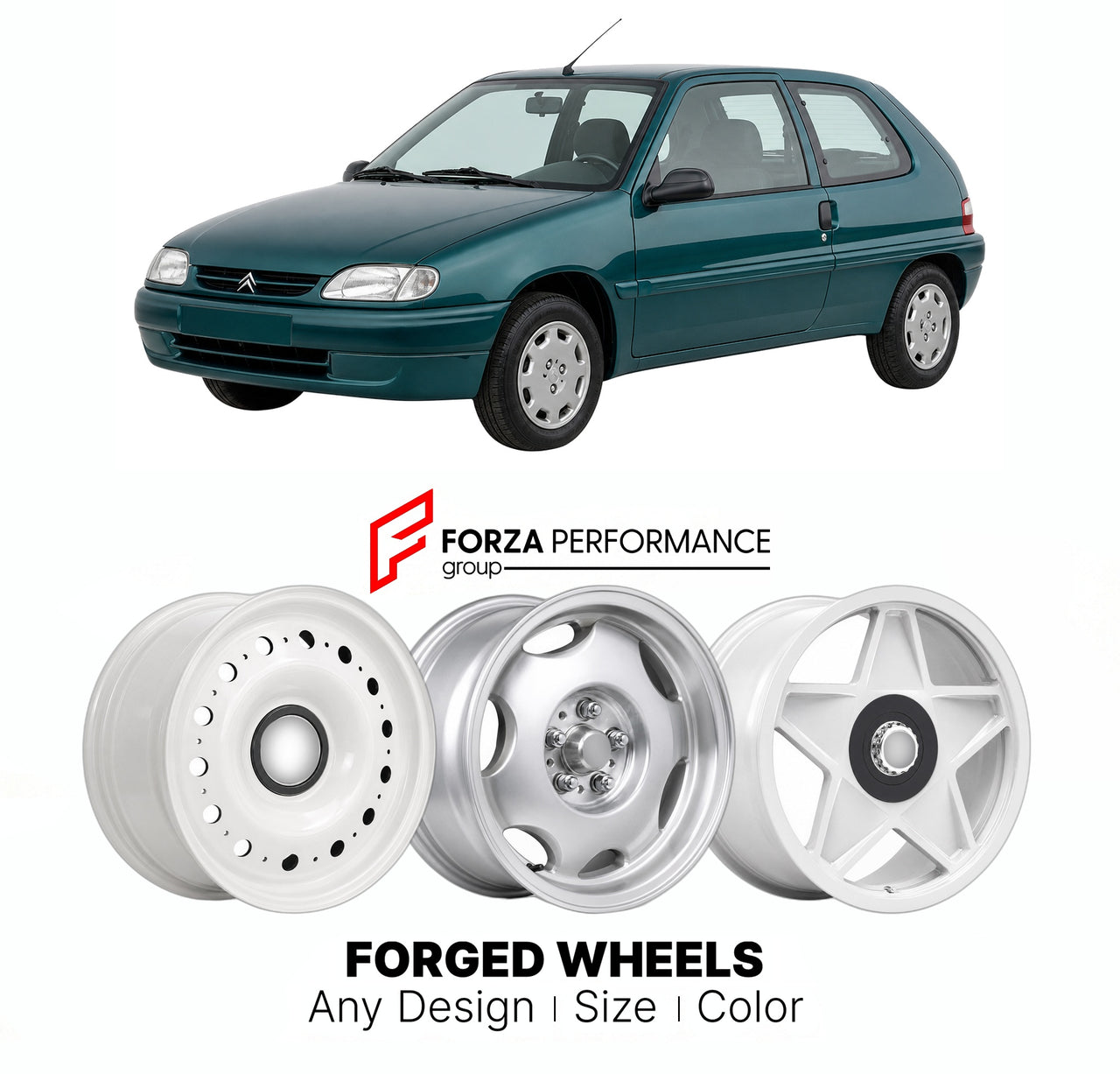 CUSTOM CLASSIC VINTAGE RESTOMOD RETRO OLD SCHOOL FORGED WHEELS RIMS for CITROEN SAXO 1996 - 2003

Custom forged wheels for Citroen Saxo 1996 - 2003. Classic, vintage, restomod wheel designs made to order in custom sizes, offsets, colors and finishes.

We manufacture premium quality forged wheels rims for Citroen Saxo 1996 - 2003 in any design, size, color.

THIS WHEEL DESIGN CAN BE CUSTOM-MADE FOR YOUR CAR IN ANY SIZE AND COLOR OPTIONS
Available in monoblock, 2-piece, 3-piece, duoblock, beadlock
3D wheel re