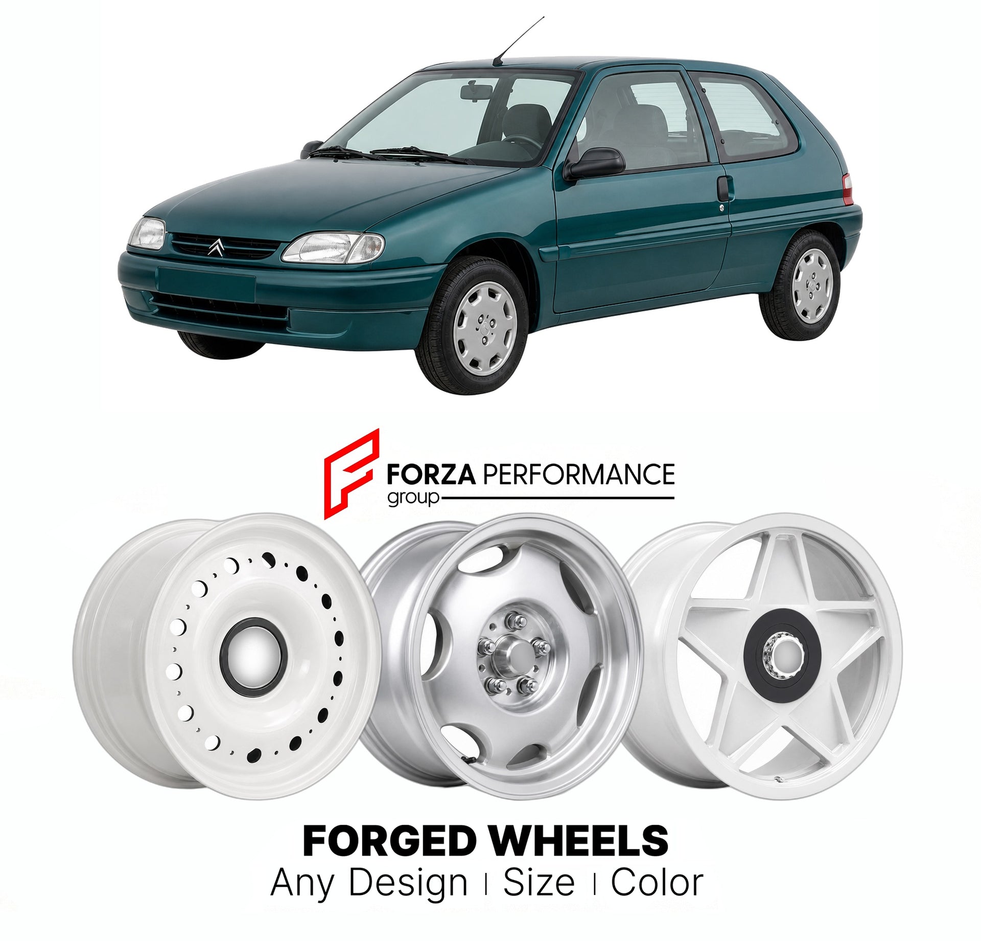 CUSTOM CLASSIC VINTAGE RESTOMOD RETRO OLD SCHOOL FORGED WHEELS RIMS for CITROEN SAXO 1996 - 2003

Custom forged wheels for Citroen Saxo 1996 - 2003. Classic, vintage, restomod wheel designs made to order in custom sizes, offsets, colors and finishes.

We manufacture premium quality forged wheels rims for Citroen Saxo 1996 - 2003 in any design, size, color.

THIS WHEEL DESIGN CAN BE CUSTOM-MADE FOR YOUR CAR IN ANY SIZE AND COLOR OPTIONS
Available in monoblock, 2-piece, 3-piece, duoblock, beadlock
3D wheel re