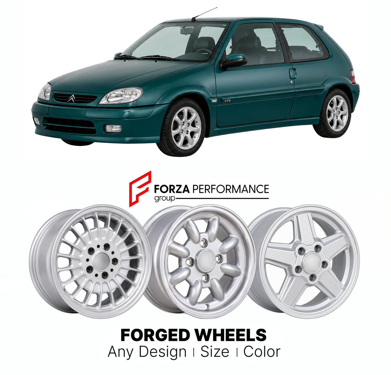 CUSTOM CLASSIC VINTAGE RESTOMOD RETRO OLD SCHOOL FORGED WHEELS RIMS for CITROEN SAXO VTS 1996 - 2003

Custom forged wheels for Citroen Saxo VTS 1996 - 2003. Classic, vintage, restomod wheel designs made to order in custom sizes, offsets, colors and finishes.

We manufacture premium quality forged wheels rims for Citroen Saxo VTS 1996 - 2003 in any design, size, color.

THIS WHEEL DESIGN CAN BE CUSTOM-MADE FOR YOUR CAR IN ANY SIZE AND COLOR OPTIONS
Available in monoblock, 2-piece, 3-piece, duoblock, beadlock