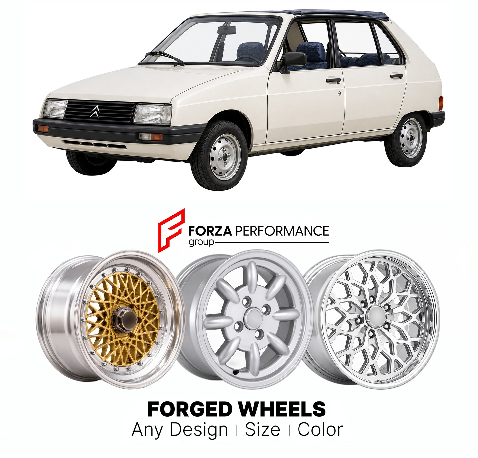 CUSTOM CLASSIC VINTAGE RESTOMOD RETRO OLD SCHOOL FORGED WHEELS RIMS for CITROEN VISA PLEIN AIR 1983 - 1985

Custom forged wheels for Citroen Visa Plein Air 1983 - 1985. Classic, vintage, restomod wheel designs made to order in custom sizes, offsets, colors and finishes.

We manufacture premium quality forged wheels rims for Citroen Visa Plein Air 1983 - 1985 in any design, size, color.

THIS WHEEL DESIGN CAN BE CUSTOM-MADE FOR YOUR CAR IN ANY SIZE AND COLOR OPTIONS
Available in monoblock, 2-piece, 3-piece, 