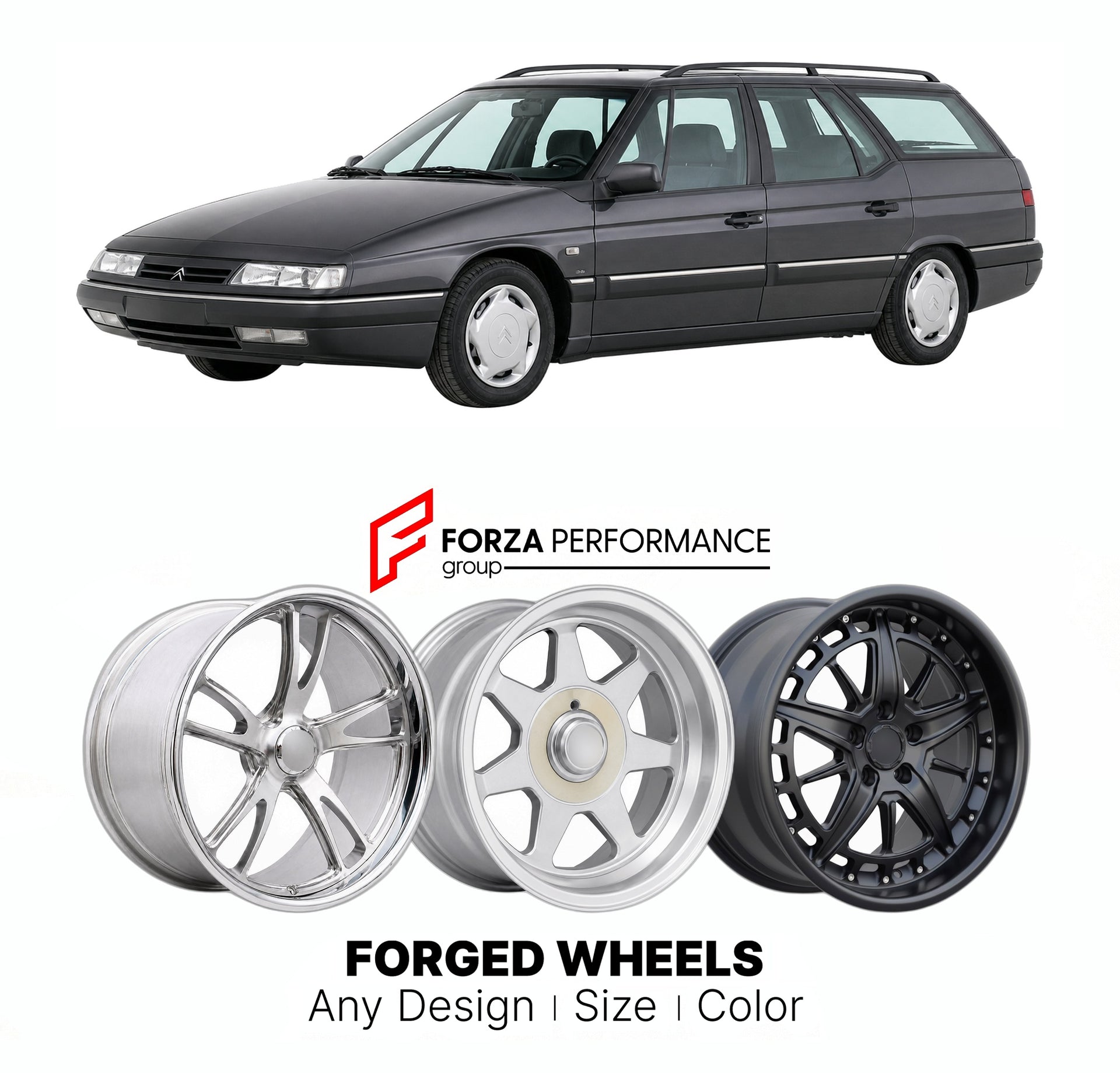 CUSTOM CLASSIC VINTAGE RESTOMOD RETRO OLD SCHOOL FORGED WHEELS RIMS for CITROEN XM BREAK 1991 - 2000

Custom forged wheels for Citroen XM Break 1991 - 2000. Classic, vintage, restomod wheel designs made to order in custom sizes, offsets, colors and finishes.

We manufacture premium quality forged wheels rims for Citroen XM Break 1991 - 2000 in any design, size, color.

THIS WHEEL DESIGN CAN BE CUSTOM-MADE FOR YOUR CAR IN ANY SIZE AND COLOR OPTIONS
Available in monoblock, 2-piece, 3-piece, duoblock, beadlock