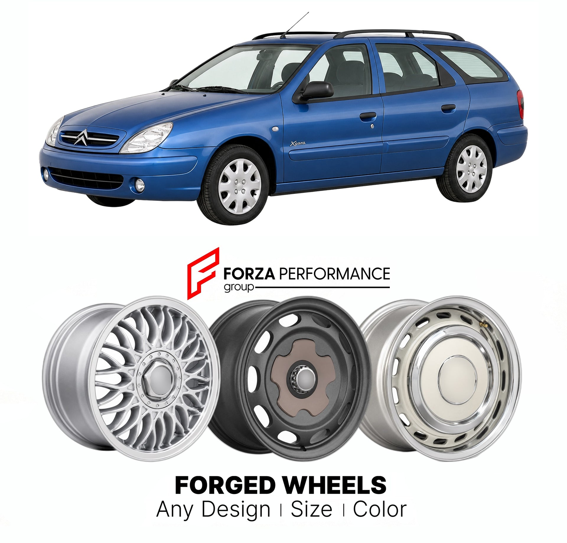 CUSTOM CLASSIC VINTAGE RESTOMOD RETRO OLD SCHOOL FORGED WHEELS RIMS for CITROEN XSARA BREAK 1998 - 2006

Custom forged wheels for Citroen Xsara Break 1998 - 2006. Classic, vintage, restomod wheel designs made to order in custom sizes, offsets, colors and finishes.

We manufacture premium quality forged wheels rims for Citroen Xsara Break 1998 - 2006 in any design, size, color.

THIS WHEEL DESIGN CAN BE CUSTOM-MADE FOR YOUR CAR IN ANY SIZE AND COLOR OPTIONS
Available in monoblock, 2-piece, 3-piece, duoblock,