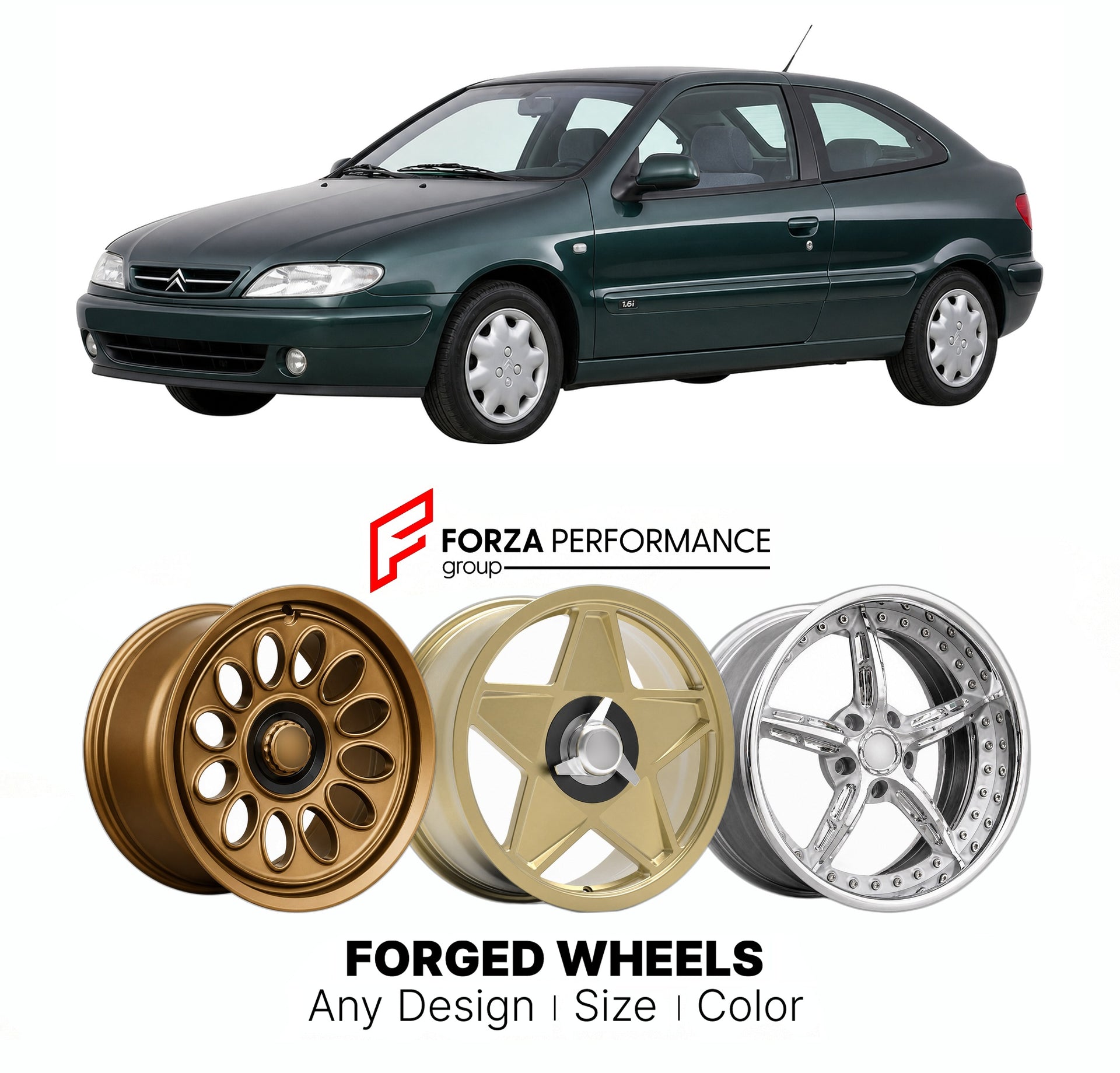 CUSTOM CLASSIC VINTAGE RESTOMOD RETRO OLD SCHOOL FORGED WHEELS RIMS for CITROEN XSARA COUPE 1998 - 2004

Custom forged wheels for Citroen Xsara Coupe 1998 - 2004. Classic, vintage, restomod wheel designs made to order in custom sizes, offsets, colors and finishes.

We manufacture premium quality forged wheels rims for Citroen Xsara Coupe 1998 - 2004 in any design, size, color.

THIS WHEEL DESIGN CAN BE CUSTOM-MADE FOR YOUR CAR IN ANY SIZE AND COLOR OPTIONS
Available in monoblock, 2-piece, 3-piece, duoblock,
