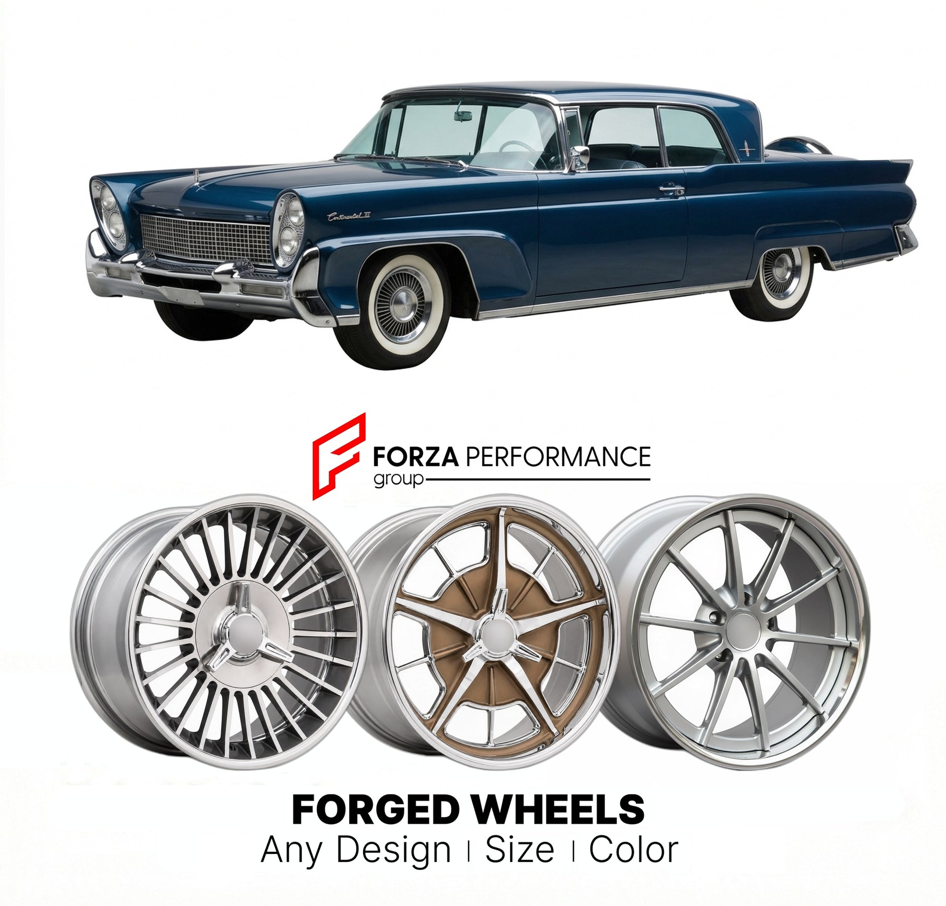 CUSTOM CLASSIC VINTAGE RESTOMOD RETRO OLD SCHOOL FORGED WHEELS RIMS for CONTINENTAL MARK III 1958 - 1960
Custom forged wheels for classic American muscle cars. Ideal for restomod builds, vintage restorations, and show cars. Deep dish and retro styling available.

We manufacture premium quality forged wheels rims for Continental Mark III 1958 - 1960 in any design, size, color.

THIS WHEEL DESIGN CAN BE CUSTOM-MADE FOR YOUR CAR IN ANY SIZE AND COLOR OPTIONS
Available in monoblock, 2-piece, 3-piece, duoblock, 