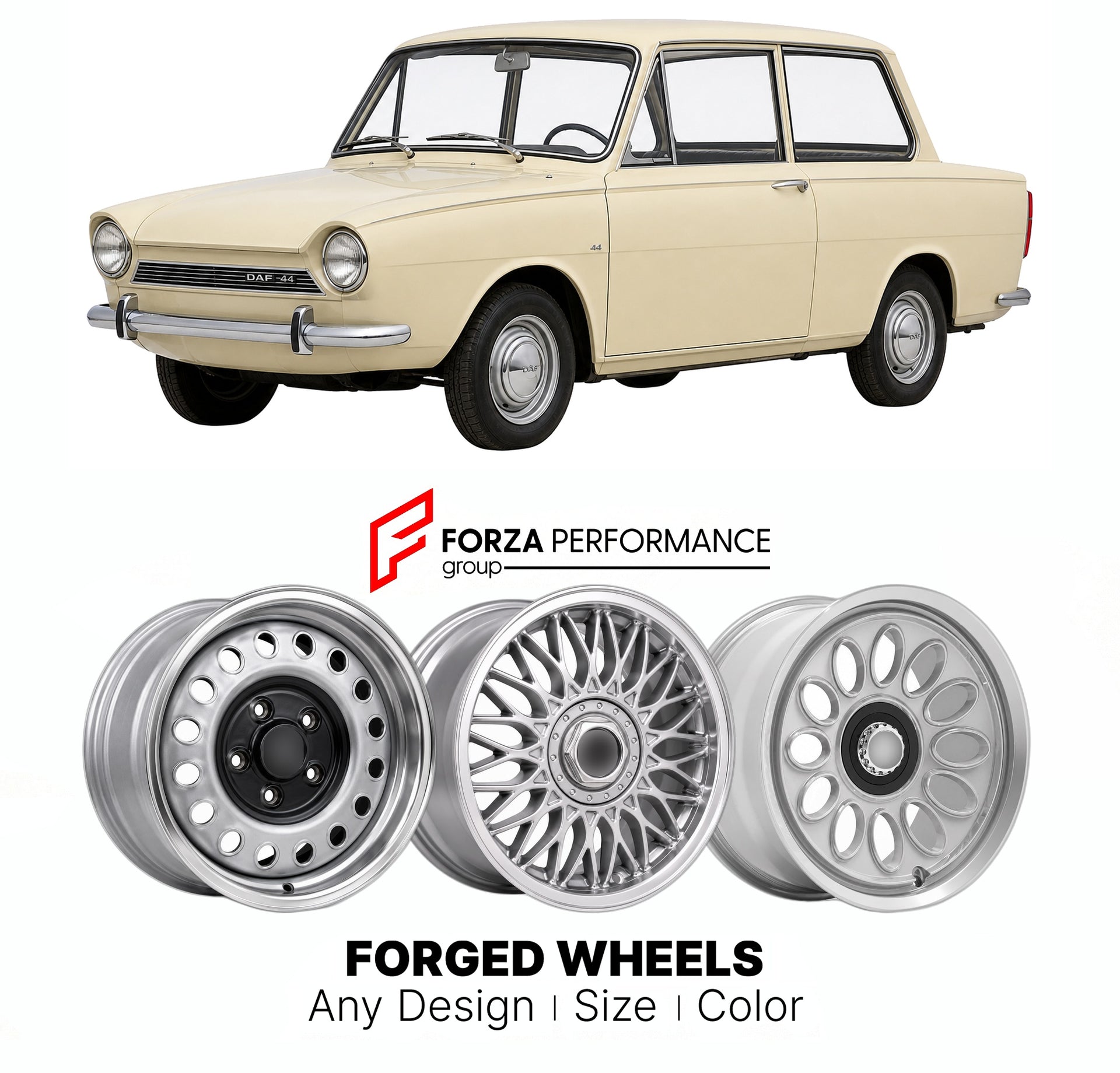 CUSTOM CLASSIC VINTAGE RESTOMOD RETRO OLD SCHOOL FORGED WHEELS RIMS for DAF 44 MICHELOTTI 1966 - 1974

Custom forged wheels for DAF 44 Michelotti 1966 - 1974. Classic, vintage, restomod wheel designs made to order in custom sizes, offsets, colors and finishes.

We manufacture premium quality forged wheels rims for DAF 44 Michelotti 1966 - 1974 in any design, size, color.

THIS WHEEL DESIGN CAN BE CUSTOM-MADE FOR YOUR CAR IN ANY SIZE AND COLOR OPTIONS
Available in monoblock, 2-piece, 3-piece, duoblock, beadl