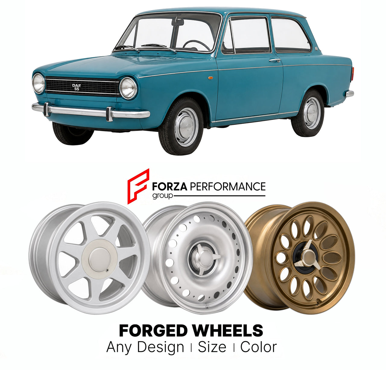 CUSTOM CLASSIC VINTAGE RESTOMOD RETRO OLD SCHOOL FORGED WHEELS RIMS for DAF 55 1967 - 1972

Custom forged wheels for DAF 55 1967 - 1972. Classic, vintage, restomod wheel designs made to order in custom sizes, offsets, colors and finishes.

We manufacture premium quality forged wheels rims for DAF 55 1967 - 1972 in any design, size, color.

THIS WHEEL DESIGN CAN BE CUSTOM-MADE FOR YOUR CAR IN ANY SIZE AND COLOR OPTIONS
Available in monoblock, 2-piece, 3-piece, duoblock, beadlock
3D wheel renderings are provi