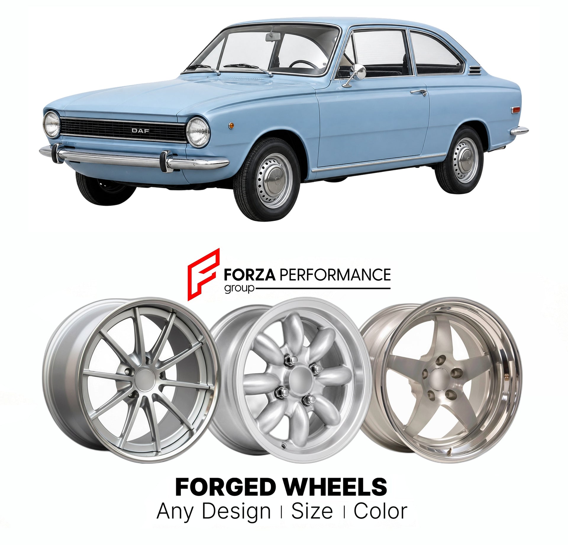 CUSTOM CLASSIC VINTAGE RESTOMOD RETRO OLD SCHOOL FORGED WHEELS RIMS for DAF 55 COUPE 1968 - 1972

Custom forged wheels for DAF 55 Coupe 1968 - 1972. Classic, vintage, restomod wheel designs made to order in custom sizes, offsets, colors and finishes.

We manufacture premium quality forged wheels rims for DAF 55 Coupe 1968 - 1972 in any design, size, color.

THIS WHEEL DESIGN CAN BE CUSTOM-MADE FOR YOUR CAR IN ANY SIZE AND COLOR OPTIONS
Available in monoblock, 2-piece, 3-piece, duoblock, beadlock
3D wheel re