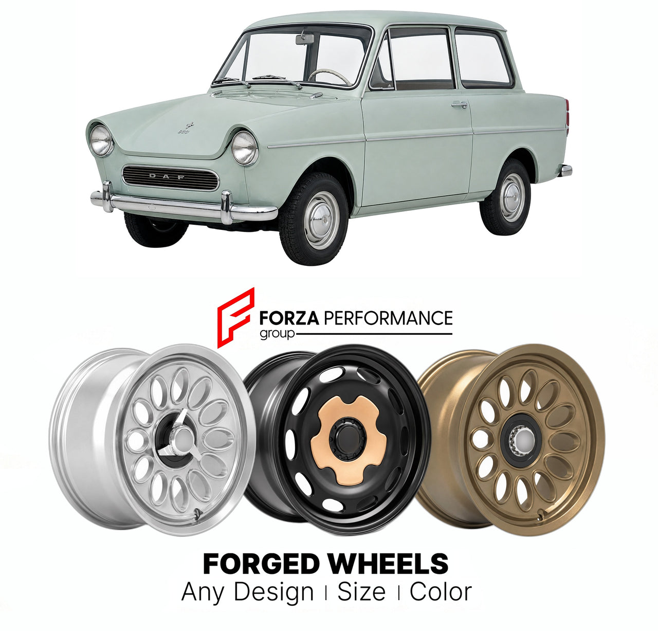 CUSTOM CLASSIC VINTAGE RESTOMOD RETRO OLD SCHOOL FORGED WHEELS RIMS for DAF 600 1959 - 1963

Custom forged wheels for DAF 600 1959 - 1963. Classic, vintage, restomod wheel designs made to order in custom sizes, offsets, colors and finishes.

We manufacture premium quality forged wheels rims for DAF 600 1959 - 1963 in any design, size, color.

THIS WHEEL DESIGN CAN BE CUSTOM-MADE FOR YOUR CAR IN ANY SIZE AND COLOR OPTIONS
Available in monoblock, 2-piece, 3-piece, duoblock, beadlock
3D wheel renderings are pr