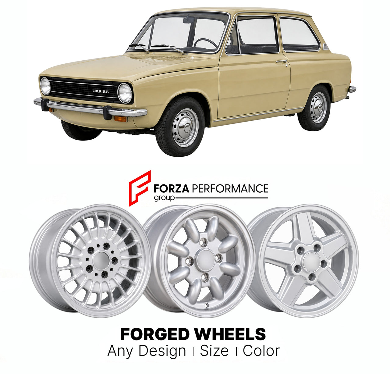 CUSTOM CLASSIC VINTAGE RESTOMOD RETRO OLD SCHOOL FORGED WHEELS RIMS for DAF 66 1972 - 1975

Custom forged wheels for DAF 66 1972 - 1975. Classic, vintage, restomod wheel designs made to order in custom sizes, offsets, colors and finishes.

We manufacture premium quality forged wheels rims for DAF 66 1972 - 1975 in any design, size, color.

THIS WHEEL DESIGN CAN BE CUSTOM-MADE FOR YOUR CAR IN ANY SIZE AND COLOR OPTIONS
Available in monoblock, 2-piece, 3-piece, duoblock, beadlock
3D wheel renderings are provi