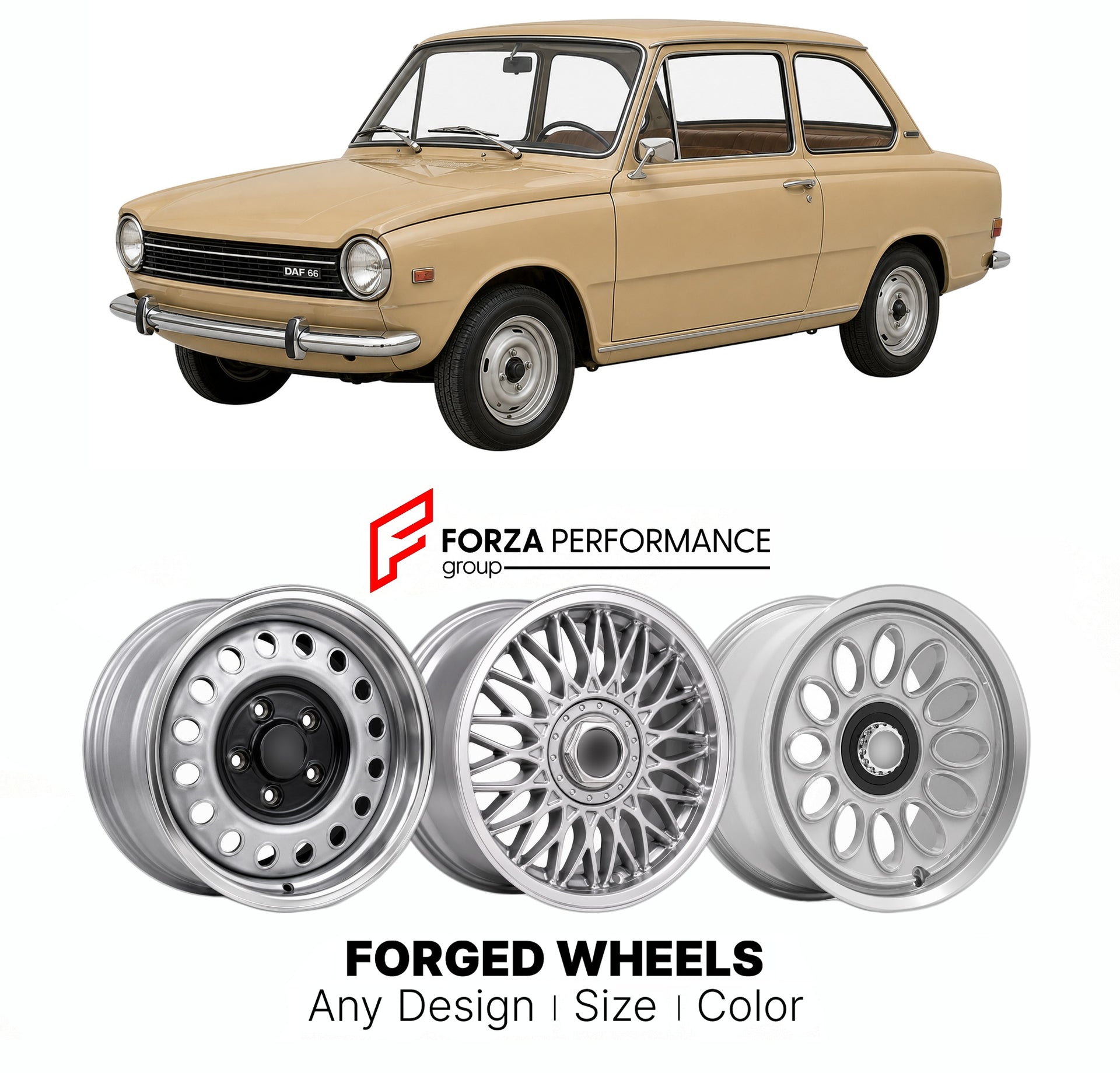 CUSTOM CLASSIC VINTAGE RESTOMOD RETRO OLD SCHOOL FORGED WHEELS RIMS for DAF 66 FINAL 1972 - 1975

Custom forged wheels for DAF 66 Final 1972 - 1975. Classic, vintage, restomod wheel designs made to order in custom sizes, offsets, colors and finishes.

We manufacture premium quality forged wheels rims for DAF 66 Final 1972 - 1975 in any design, size, color.

THIS WHEEL DESIGN CAN BE CUSTOM-MADE FOR YOUR CAR IN ANY SIZE AND COLOR OPTIONS
Available in monoblock, 2-piece, 3-piece, duoblock, beadlock
3D wheel re